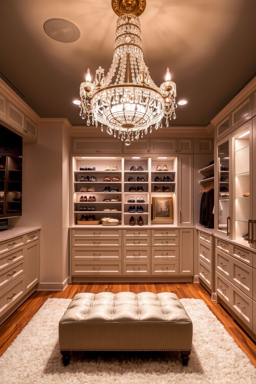 An elegant chandelier hangs gracefully from the ceiling, featuring intricate crystal details that reflect light beautifully. Below, a plush area rug adds warmth to the space, complementing the high-end finishes throughout the room. The walk-in closet boasts custom shelving and cabinetry, providing ample storage for shoes and accessories. Soft lighting illuminates the space, highlighting a stylish ottoman in the center for added comfort and functionality.