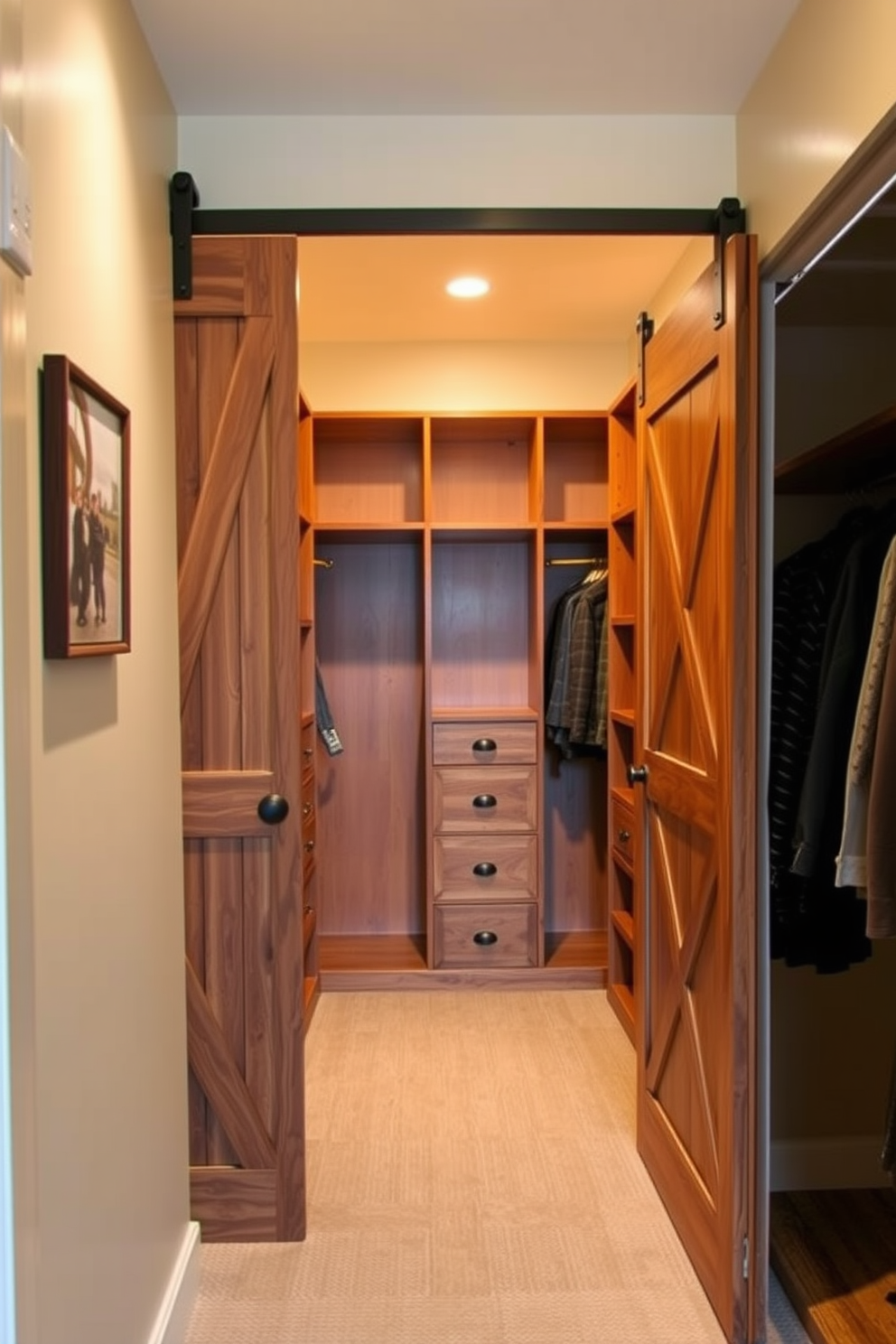 A spacious walk-in closet featuring sliding barn doors that enhance the rustic charm. Inside, there are custom wooden shelves and hanging rods, with warm lighting illuminating the space.