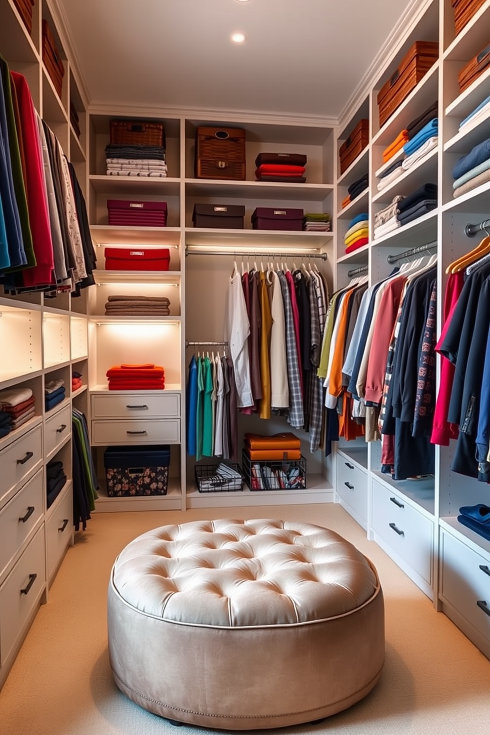 A spacious walk-in closet featuring color-coded clothing neatly arranged on custom shelving. Soft lighting highlights the organized space, with a plush ottoman placed in the center for comfortable seating.