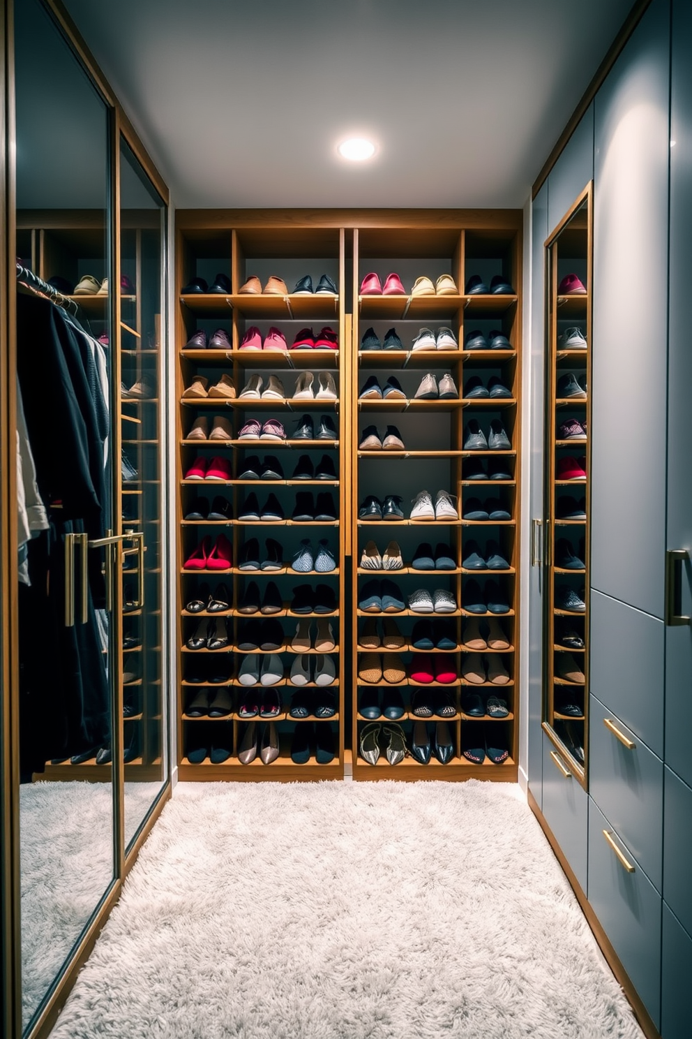 A spacious walk-in closet featuring sliding barn doors adds rustic charm to the design. The interior includes built-in shelving, a large mirror, and soft lighting to create an inviting atmosphere.