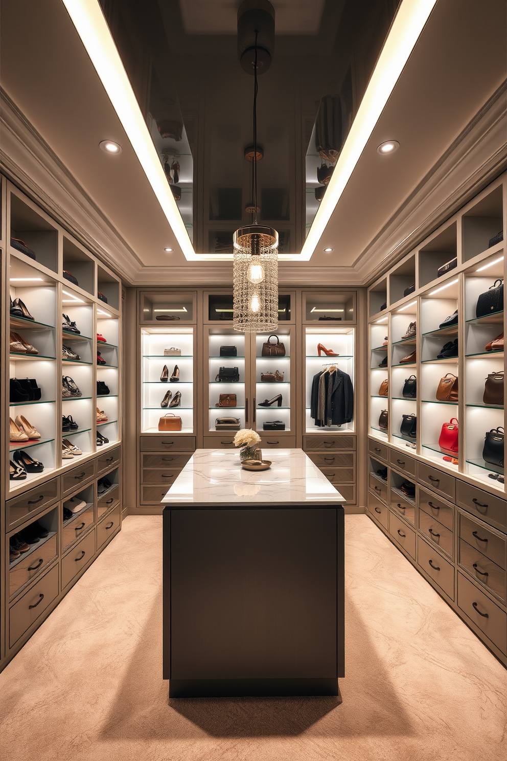 A luxurious walk-in closet featuring recessed lighting that creates a sleek and modern ambiance. The walls are lined with custom cabinetry, and the soft glow of the lights highlights an array of designer shoes and handbags. The flooring is a plush carpet that adds warmth to the space. A central island with a marble top provides additional storage and display space, illuminated by elegant pendant lights overhead.