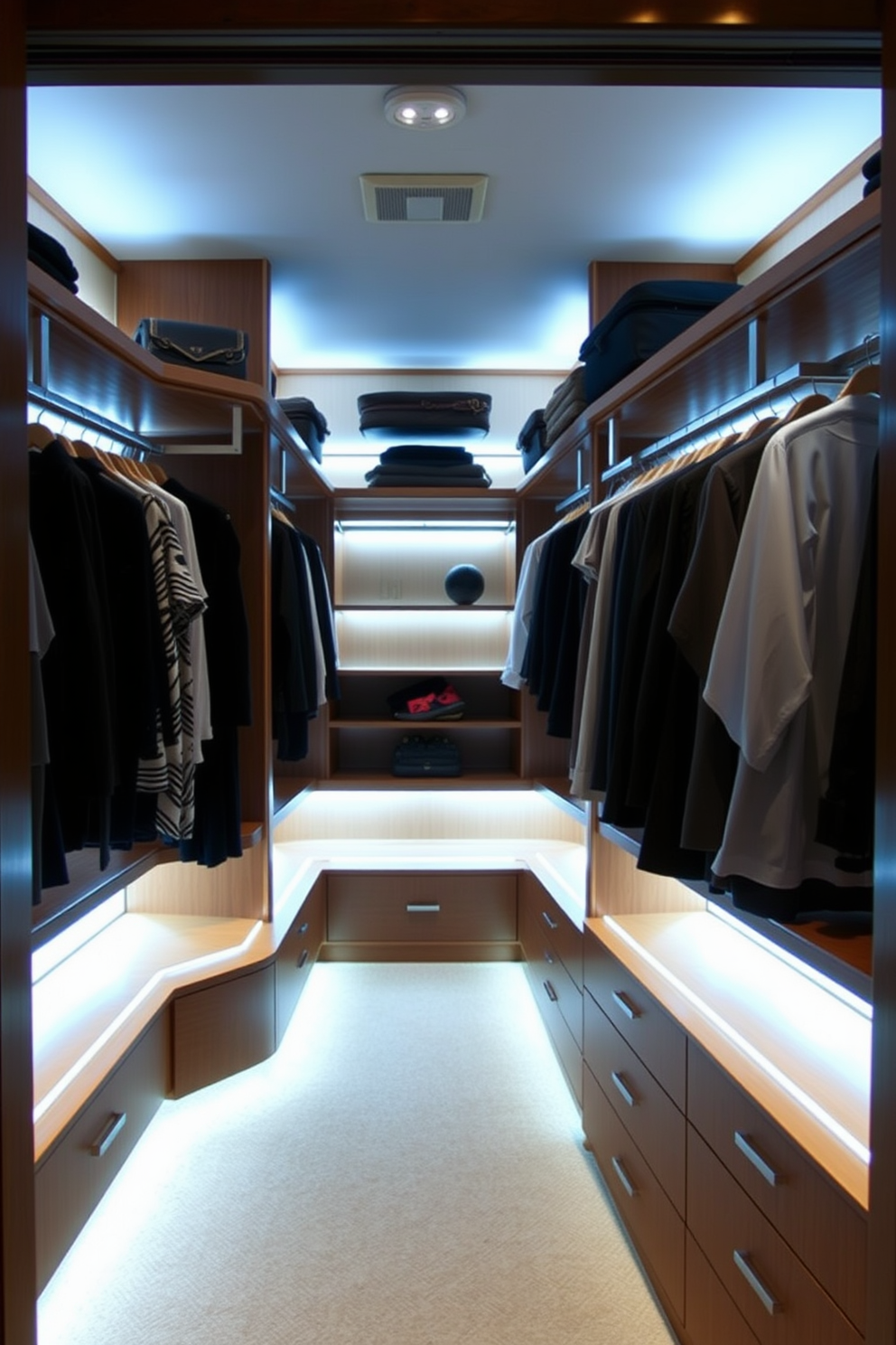 A stylish walk-in closet featuring color-changing LED lights that create a customizable ambiance. The walls are lined with elegant shelving, and a plush carpet adds warmth to the space. The lighting is strategically placed to highlight the organized clothing and accessories. Soft hues transition seamlessly, enhancing the overall aesthetic and functionality of the closet.