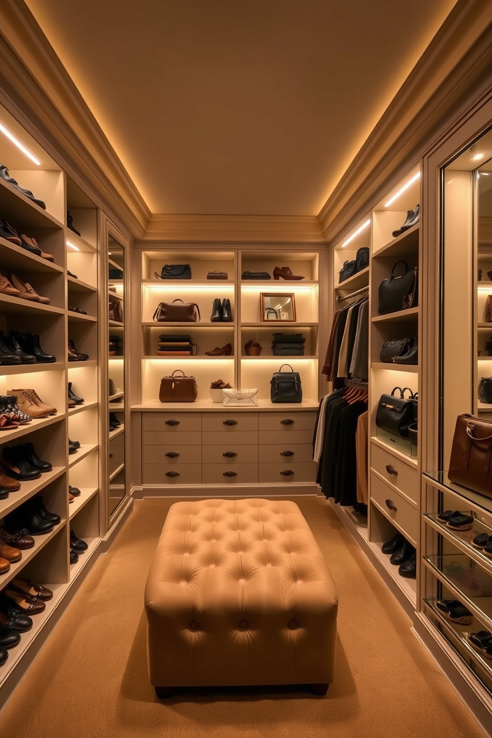 A luxurious walk-in closet featuring cove lighting that creates a soft and inviting glow throughout the space. The shelves are lined with neatly organized shoes and handbags, while a plush ottoman sits in the center for comfort and style. The walls are painted in a calming neutral tone, enhancing the warm ambiance provided by the cove lighting. Elegant mirrors reflect the light, making the closet feel even more spacious and sophisticated.