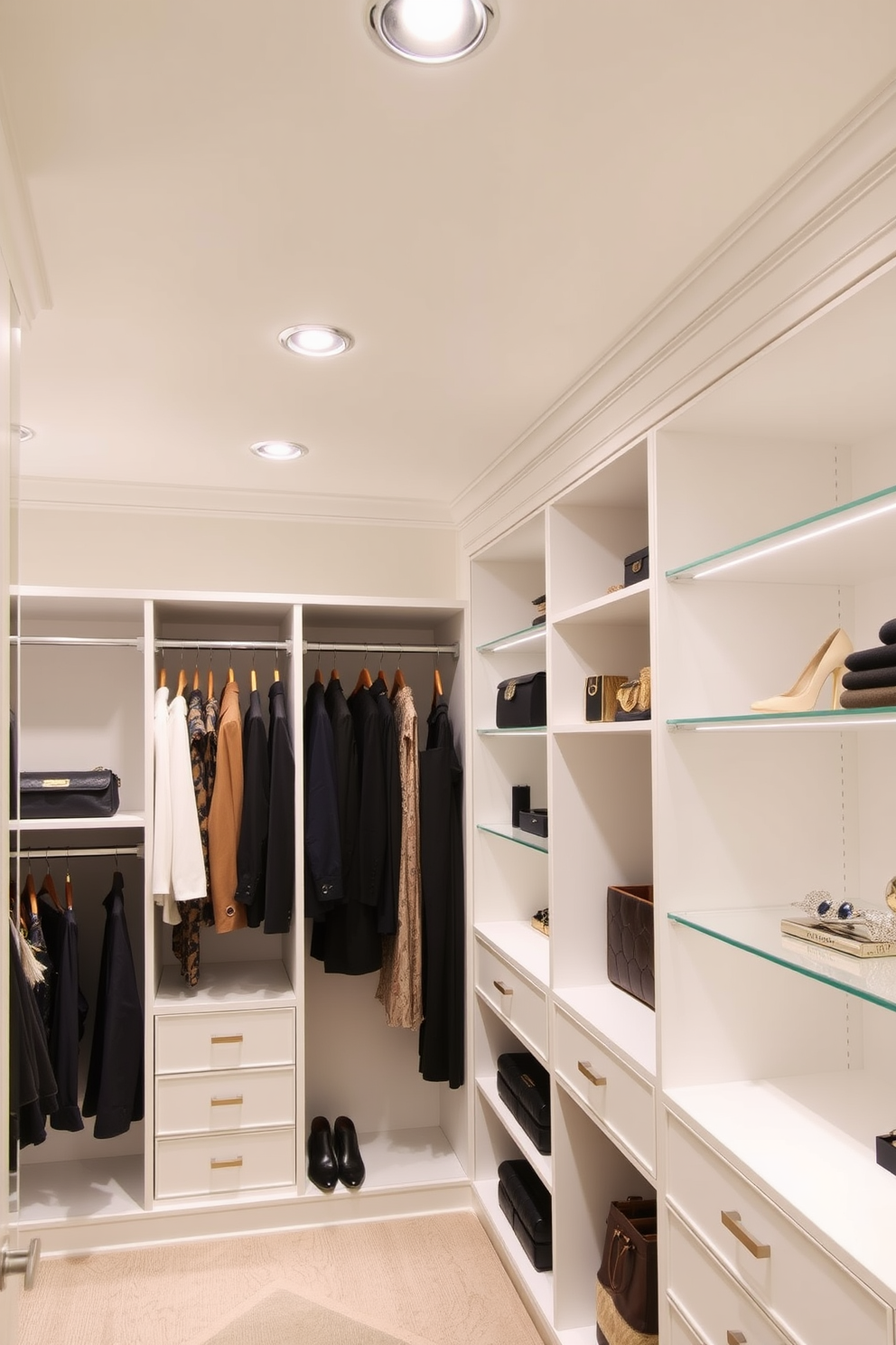 A stylish walk-in closet featuring flush mount ceiling fixtures that provide ample lighting while maintaining a clean aesthetic. The closet is organized with custom shelving and hanging space, showcasing a mix of elegant clothing and accessories.