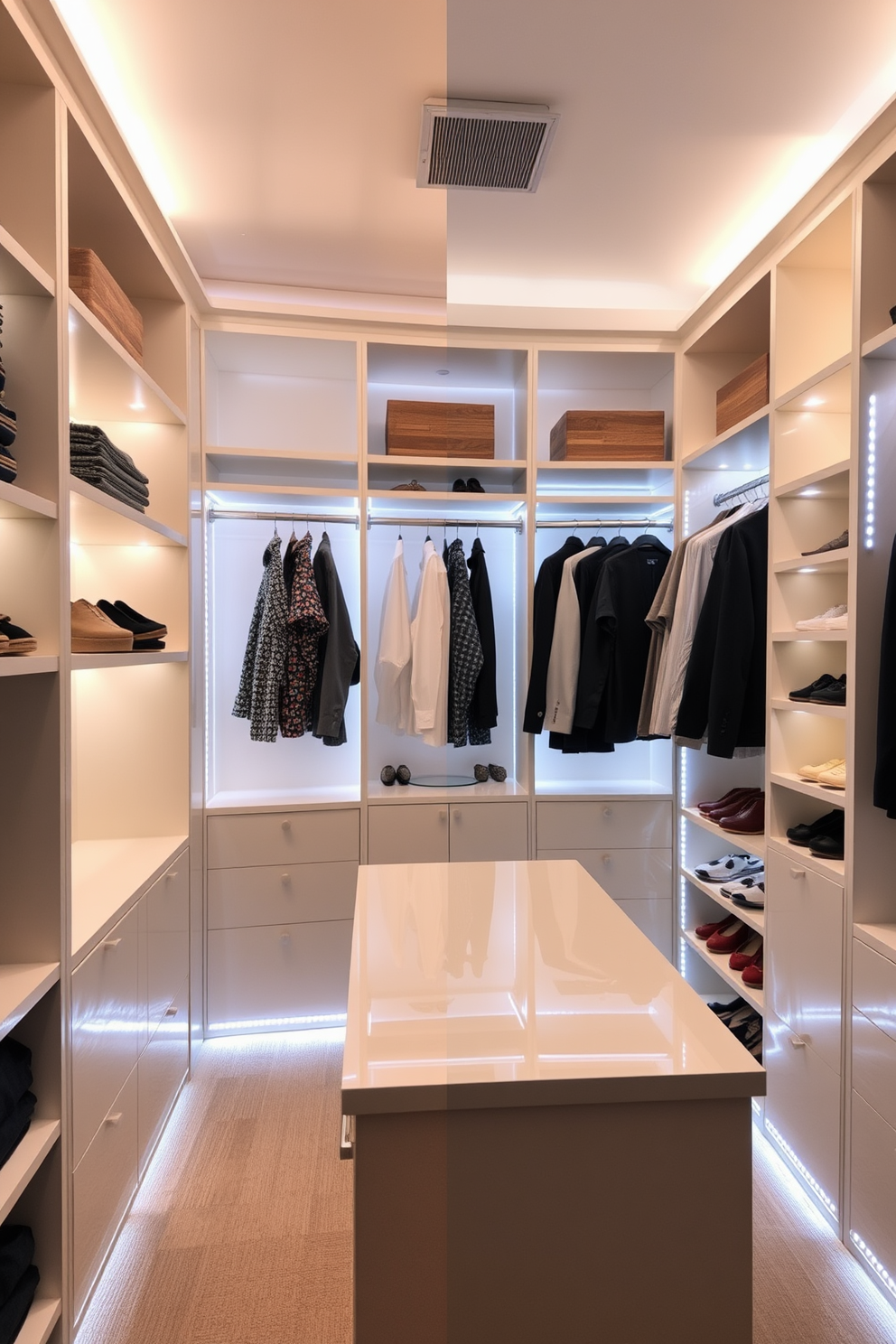 A walk-in closet featuring dimmable lights that create a versatile ambiance. The lighting is strategically placed to highlight the organized shelves and hanging garments, allowing for both bright illumination and soft, relaxing tones. The closet includes a central island with a polished countertop, providing additional storage and display space. Soft LED strips line the edges of the shelves, adding a touch of elegance while ensuring visibility of accessories and shoes.