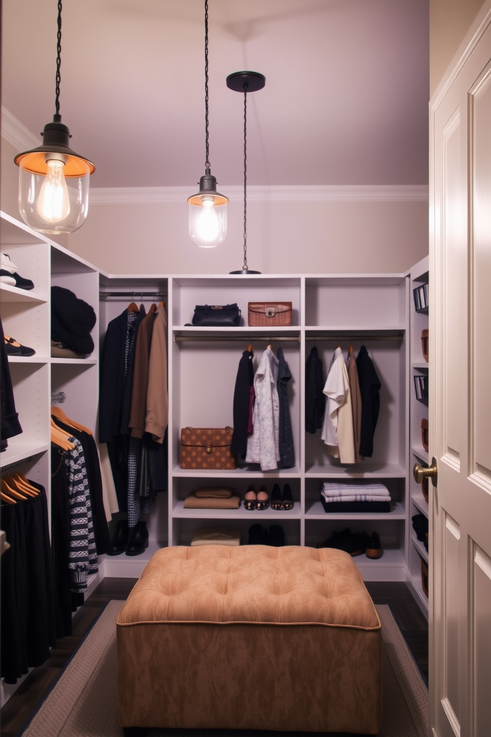 A chic walk-in closet illuminated by vintage pendant lights that add character and charm. The space features open shelving and a plush ottoman, creating an inviting atmosphere for selecting outfits.