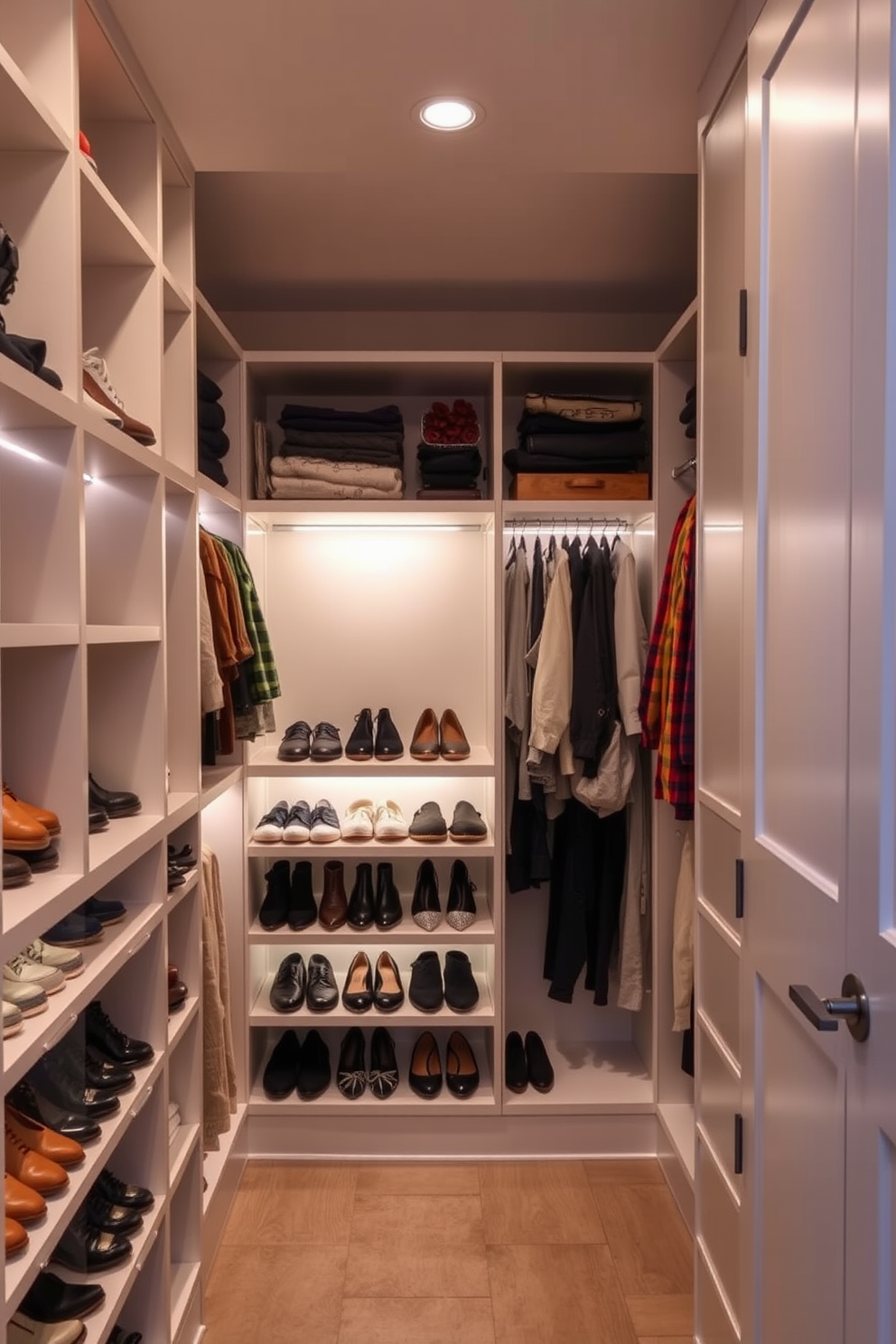 A modern walk-in closet featuring battery-operated lights that provide a soft glow throughout the space. The shelves are lined with neatly organized shoes and clothing, while the lights are strategically placed to illuminate every corner effortlessly.