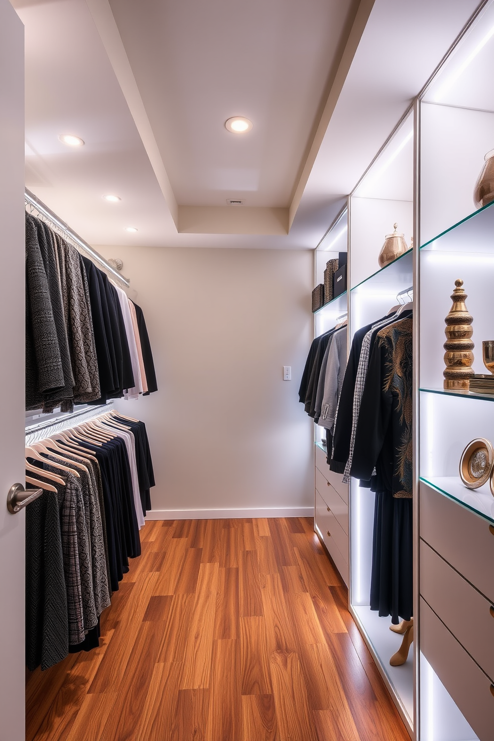 Cool white bulbs illuminate a modern walk-in closet featuring sleek cabinetry and a minimalist design. The lighting is strategically placed to highlight the organized shelves and hanging space, creating an airy and spacious feel. Recessed lighting complements the cool white bulbs, providing a clean and contemporary ambiance. Soft LED strips outline the closet's perimeter, enhancing the visual appeal while ensuring every corner is well-lit.