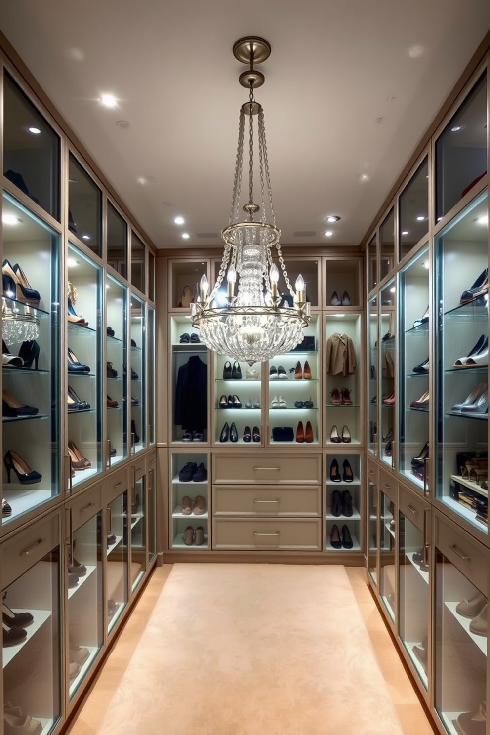 A sleek walk-in closet features glass cabinets with integrated lighting that illuminates the curated collection of shoes and accessories. The soft glow creates an inviting atmosphere, highlighting the textures and colors of each item on display. Incorporate recessed lighting along the ceiling to enhance the overall brightness of the space. Accent lighting can be added to specific areas, providing a warm and functional touch while showcasing your favorite pieces.