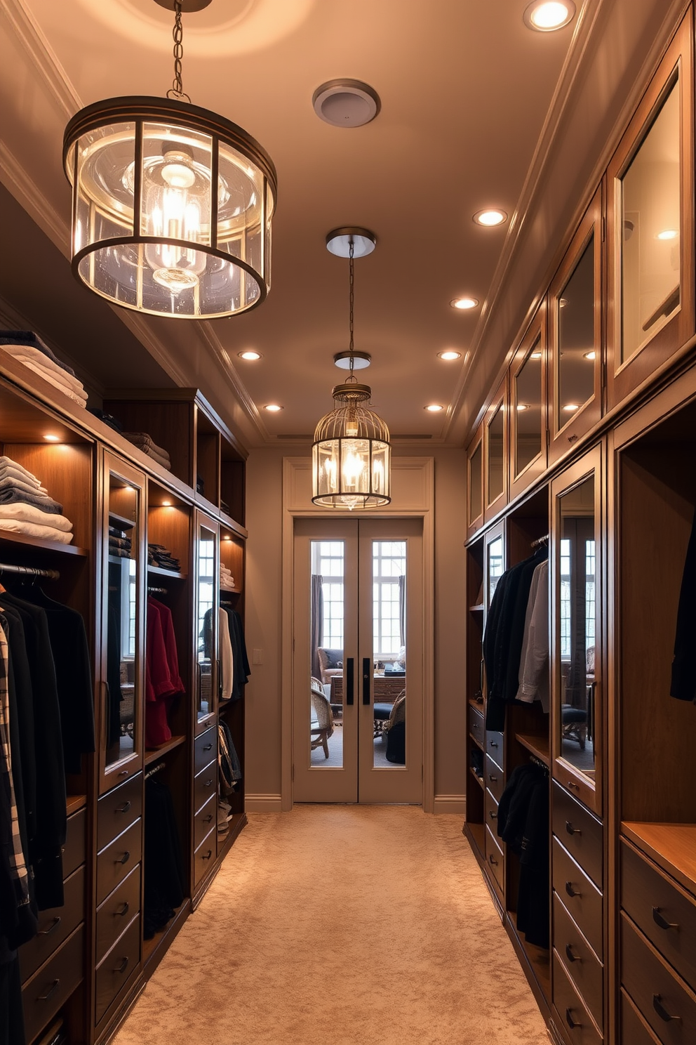 Design a luxurious walk-in closet featuring overhead pendant lights as statement pieces. The space is illuminated with warm light, highlighting the elegant shelving and plush carpeting throughout the closet. Incorporate a mix of hanging and recessed lighting to create a layered effect. Use fixtures with unique designs that serve as focal points while providing ample illumination for the entire area.