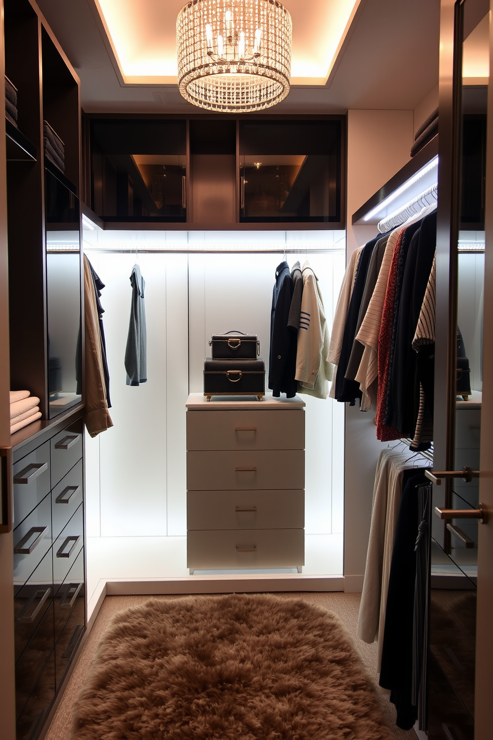 A luxurious walk-in closet featuring illuminated closet rods for easy access to clothing and accessories. The space is designed with elegant shelving and a plush area rug, creating a comfortable and inviting atmosphere.