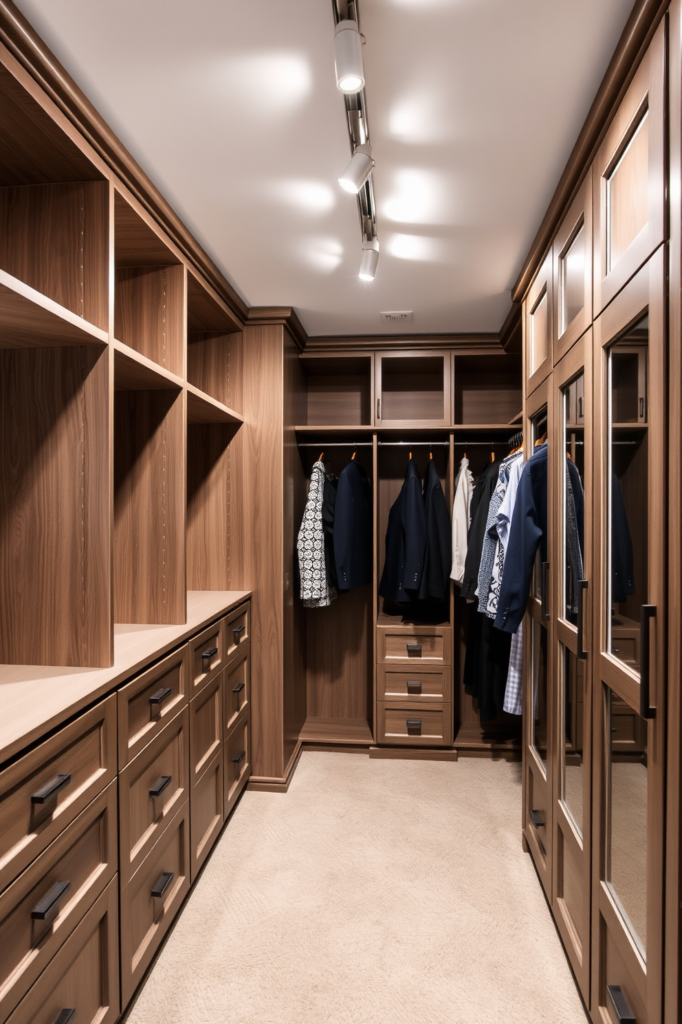 A spacious walk-in closet featuring sleek track lighting that allows for adjustable brightness. The walls are lined with custom cabinetry, and the floor is covered in a plush neutral carpet.