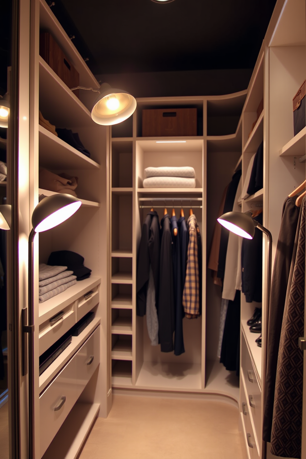 Create a walk-in closet featuring smart lighting solutions that can be controlled remotely. The design includes adjustable LED strips along the shelves and a central ceiling fixture that offers customizable brightness and color temperature. Incorporate motion sensors that automatically illuminate the space upon entry. The closet is organized with elegant storage solutions, including pull-out drawers and shoe racks, all highlighted by the strategic placement of lighting.