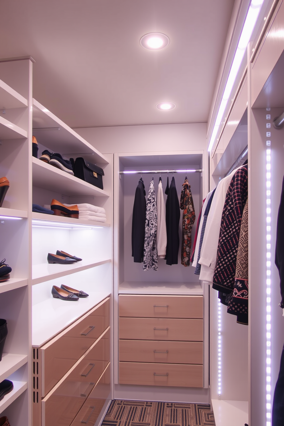 A walk-in closet featuring multi-level lighting that creates depth and interest. Soft recessed lights illuminate the space from above while stylish pendant lights hang in the center, enhancing the luxurious feel.