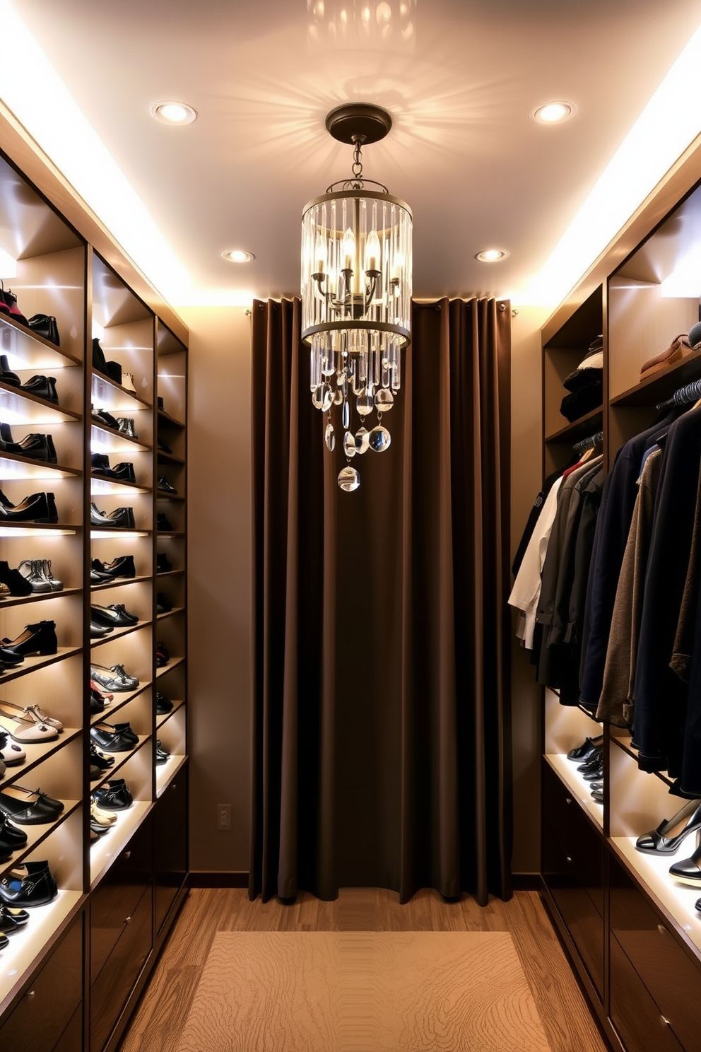 A walk-in closet features layered task lighting to enhance visibility and create an inviting atmosphere. Recessed lights are installed in the ceiling, complemented by adjustable wall sconces illuminating the shoe racks and accessories. The lighting design incorporates a stylish chandelier at the center, adding elegance to the space. LED strip lights are placed under the shelves to highlight the clothing and create a warm glow throughout the closet.