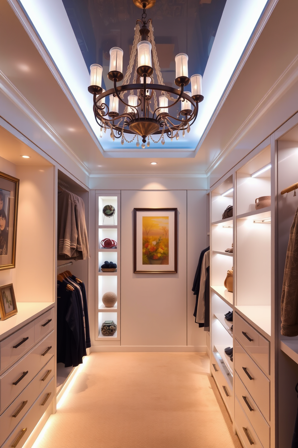 A beautifully designed walk-in closet features accent lighting that highlights the artwork and decor displayed on the walls. Soft, warm lights are strategically placed to create an inviting atmosphere while showcasing the elegance of the space. The closet includes built-in shelving with integrated LED strips that illuminate the clothing and accessories. A central chandelier adds a touch of luxury while providing ample light to enhance the overall design.