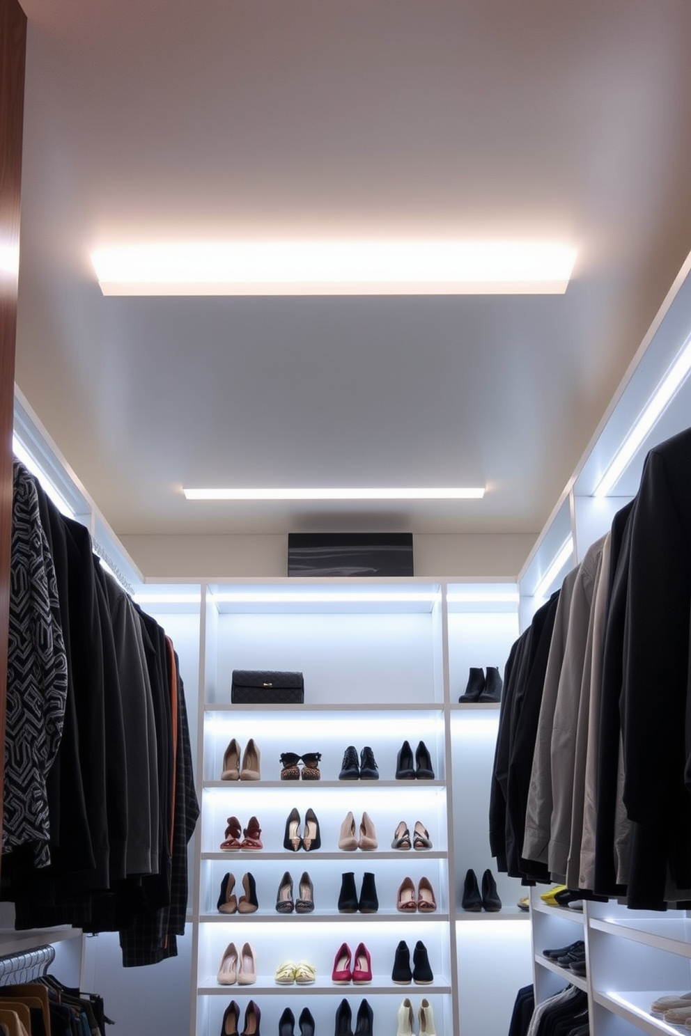 A modern walk-in closet features sleek LED panel lights embedded in the ceiling for a clean and contemporary look. The soft, even illumination highlights the organized shelving and hanging spaces, creating a bright and inviting atmosphere. The closet includes strategically placed LED strip lights along the edges of the shelves to accentuate the displayed shoes and accessories. This layered lighting design enhances visibility while adding a touch of elegance to the overall space.