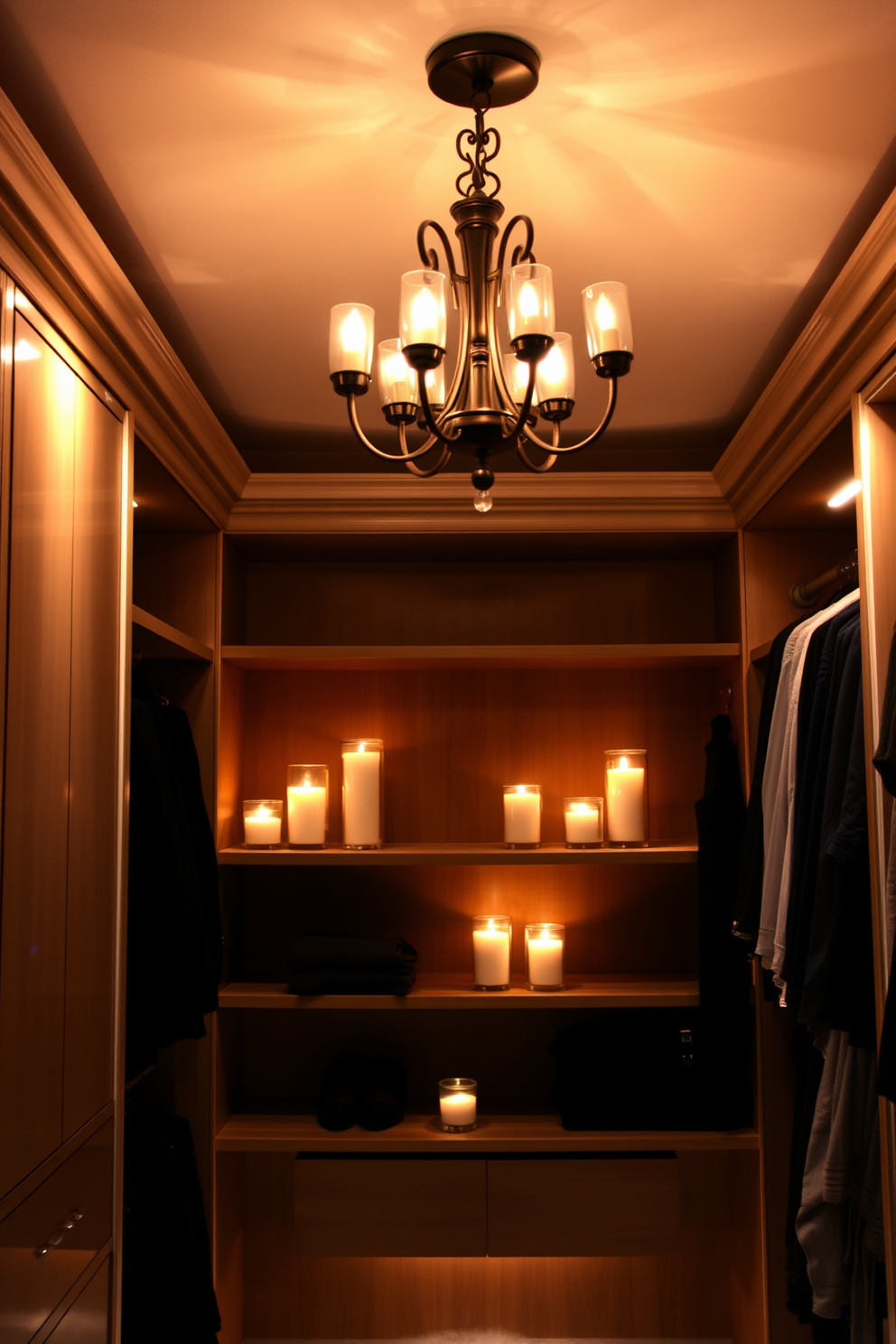 A cozy walk-in closet bathed in warm light. Scented candles are strategically placed on shelves, creating an inviting atmosphere while illuminating the space softly. The lighting fixtures are elegantly designed, providing both functionality and style. A combination of recessed lights and a stylish chandelier enhances the luxurious feel of the closet.