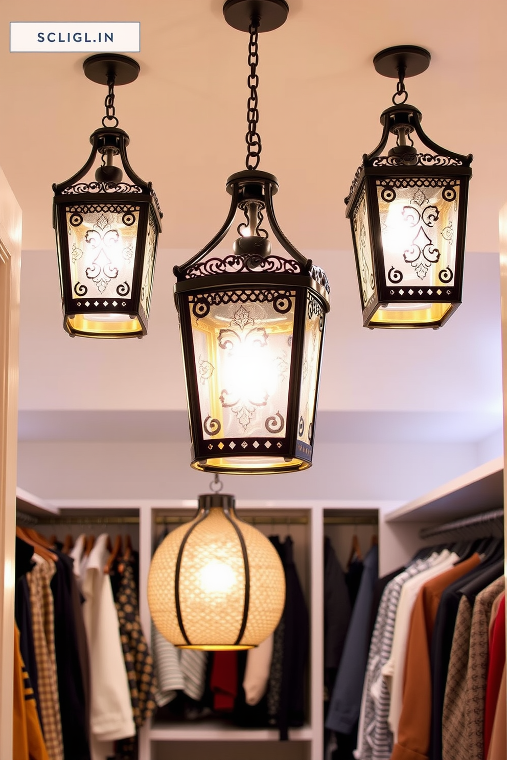 Hanging lanterns create a warm and inviting atmosphere in any space. Consider using intricate metal designs with soft, diffused lighting to enhance the cozy feel. For a walk-in closet, focus on layered lighting to highlight your wardrobe. Incorporate recessed lights along the ceiling and stylish pendant fixtures to create an elegant yet functional environment.