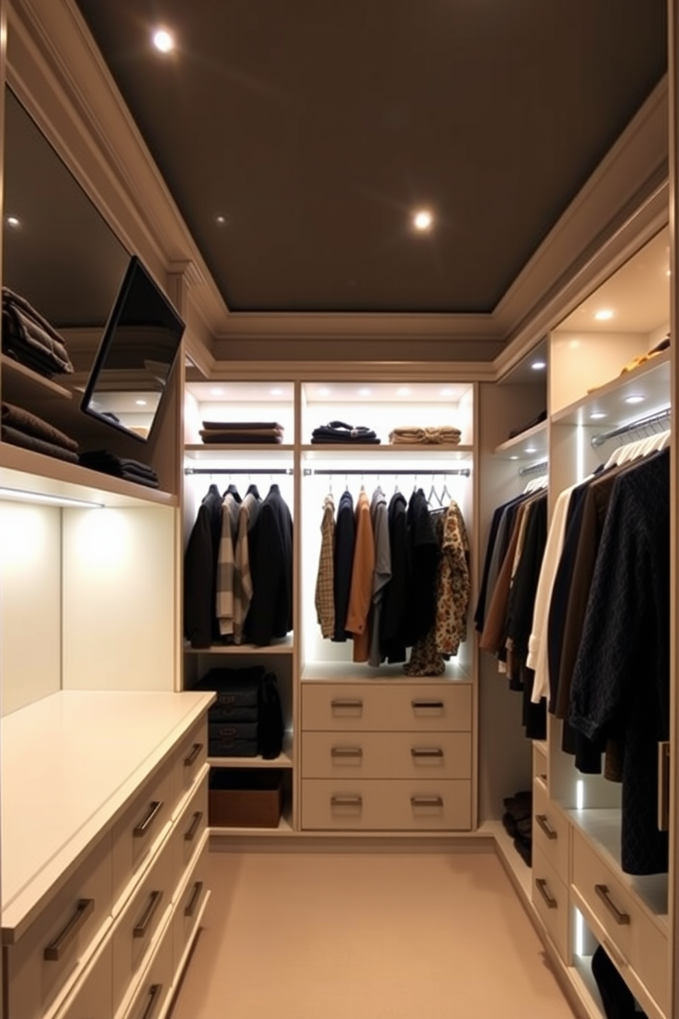 A cozy walk-in closet with warm wooden shelves and a plush carpet. Soft hanging string lights twinkle above, creating a whimsical and inviting atmosphere. The walls are painted in a soft pastel hue, enhancing the light and airy feel of the space. A chic ottoman sits in the center, providing a perfect spot to sit while getting dressed.