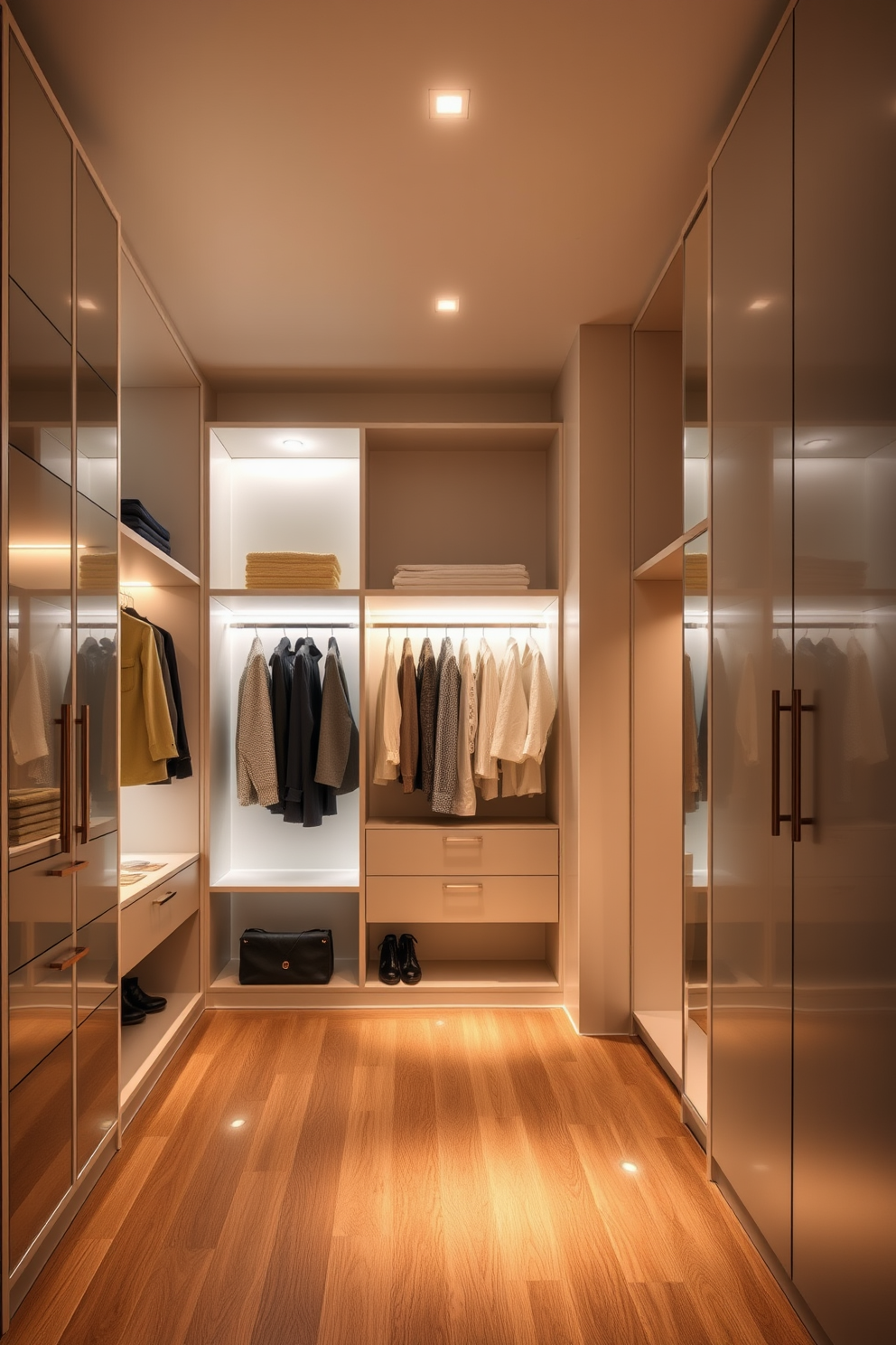 A modern walk-in closet features adjustable floor lights strategically placed to provide flexibility in illumination. The sleek design of the lights complements the minimalist aesthetic of the space, creating a warm and inviting atmosphere. The closet is organized with elegant shelving and hanging spaces, allowing for easy access to clothing and accessories. Soft lighting enhances the luxurious feel, highlighting the textures and colors of the garments on display.