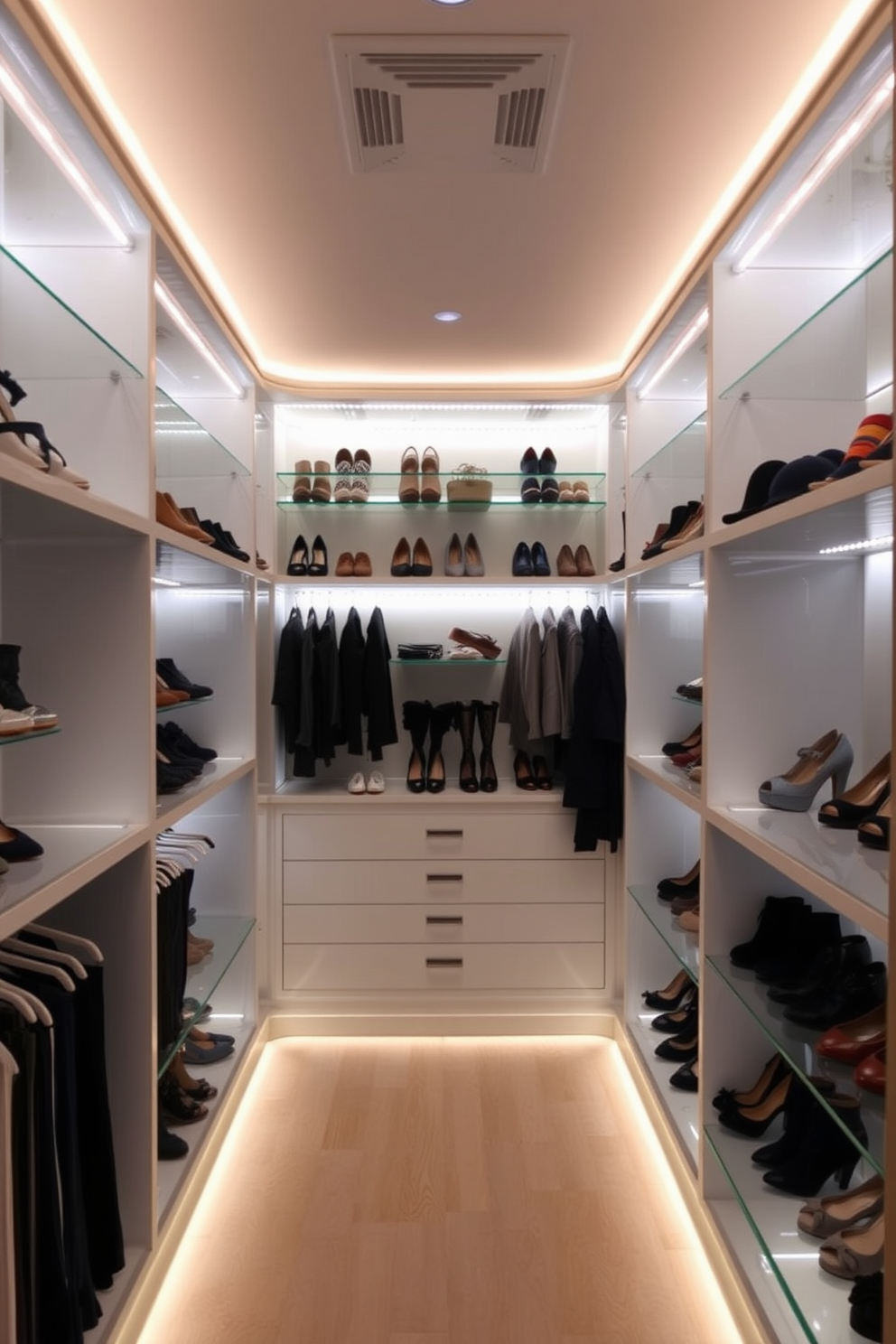 A luxurious walk-in closet featuring LED strip lights elegantly installed under the shelves. The soft glow of the lights highlights the organized rows of shoes and accessories, creating a chic and inviting atmosphere.