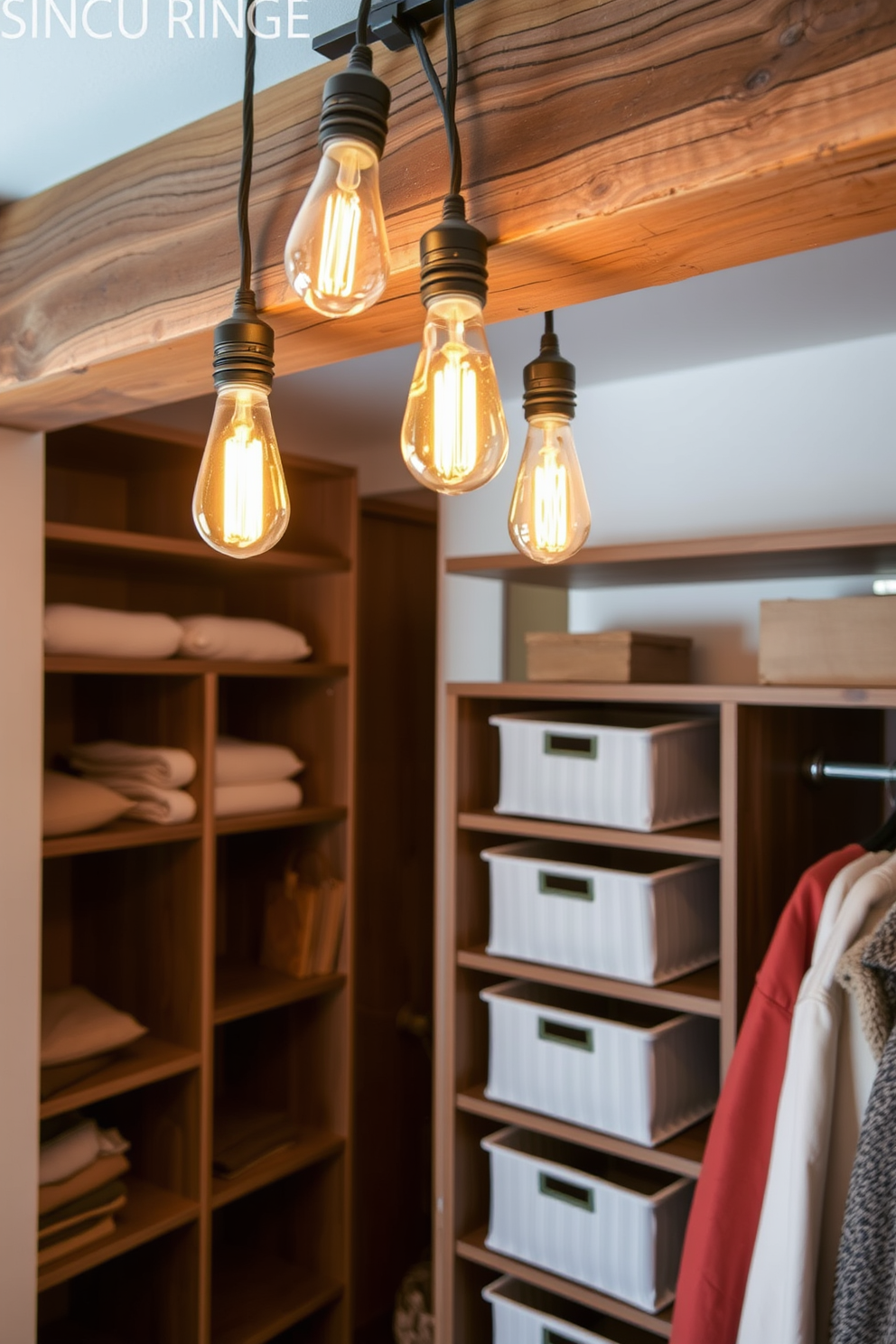 A spacious walk-in closet features sleek LED panel lights installed in the ceiling for uniform brightness throughout the space. The warm white glow enhances the rich wood tones of the cabinetry and highlights the carefully organized shelves and hanging areas. Soft LED strip lights are integrated into the shelving for an inviting ambiance, making it easy to find accessories and shoes. A full-length mirror reflects the light, creating an illusion of even more space while adding a touch of elegance to the closet design.