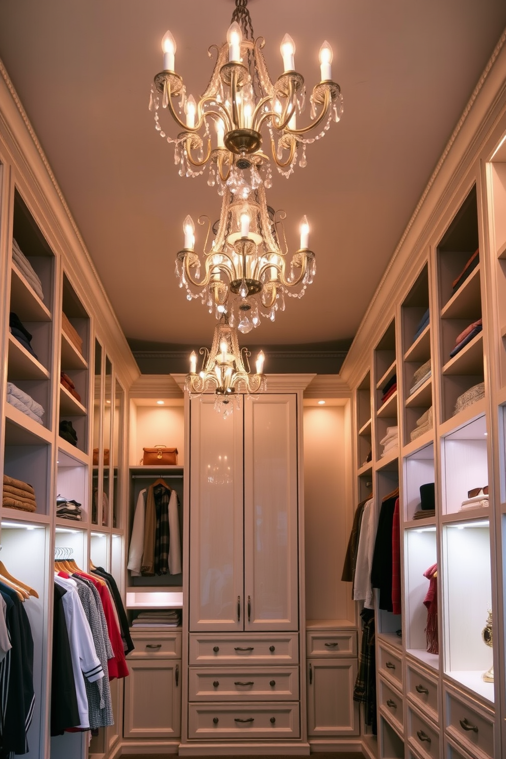 A luxurious walk-in closet designed for functionality and style. The space features motion sensor lights that automatically illuminate the area upon entry, providing convenience and energy efficiency. Soft, ambient lighting is strategically placed in the ceiling to enhance the overall aesthetic. Additional accent lights are installed within the shelving to highlight accessories and clothing, creating a warm and inviting atmosphere.