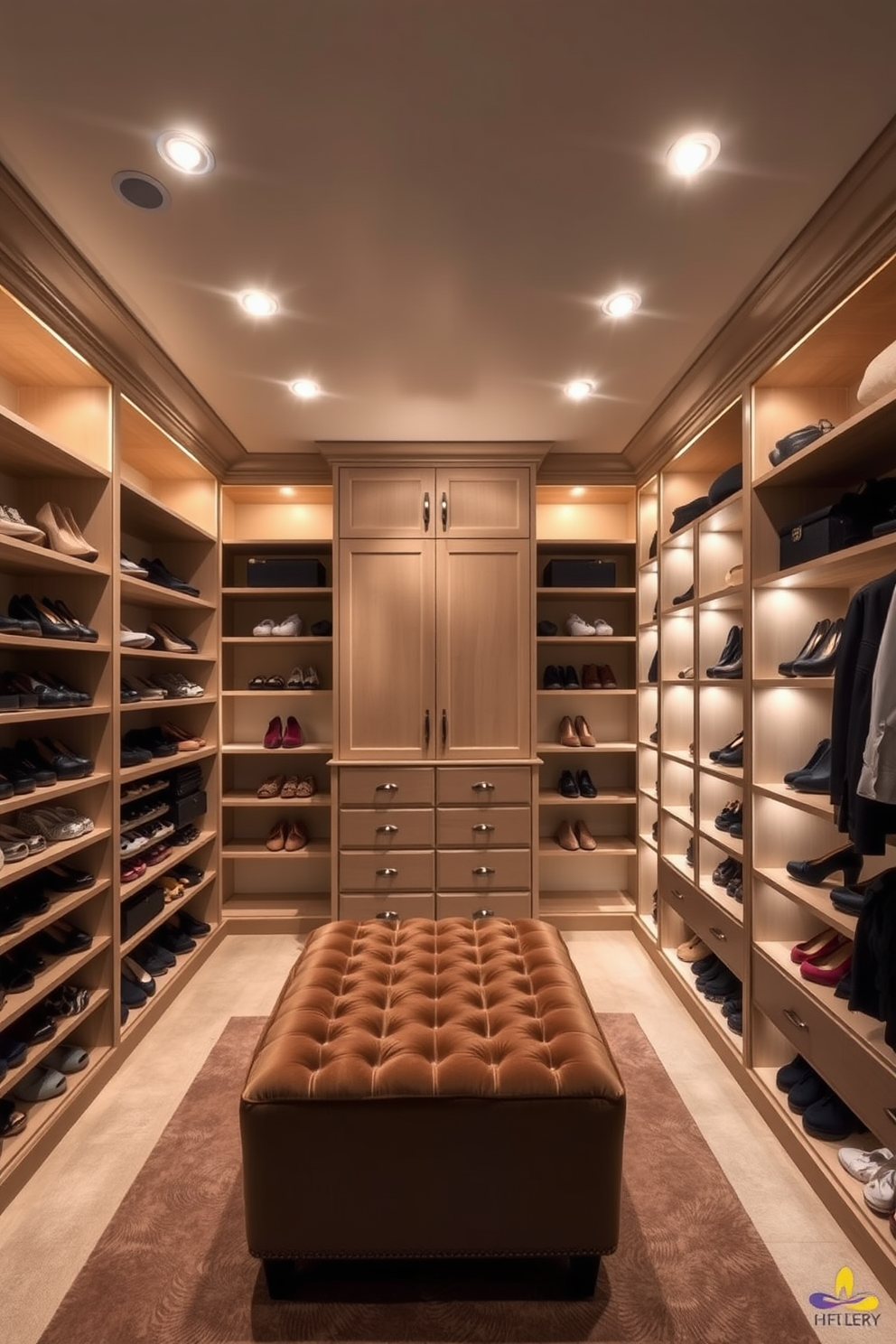 A luxurious walk-in closet featuring puck lights strategically installed in the ceiling to provide focused illumination. The shelves are lined with neatly organized shoes and accessories, while a plush ottoman sits in the center for added comfort.