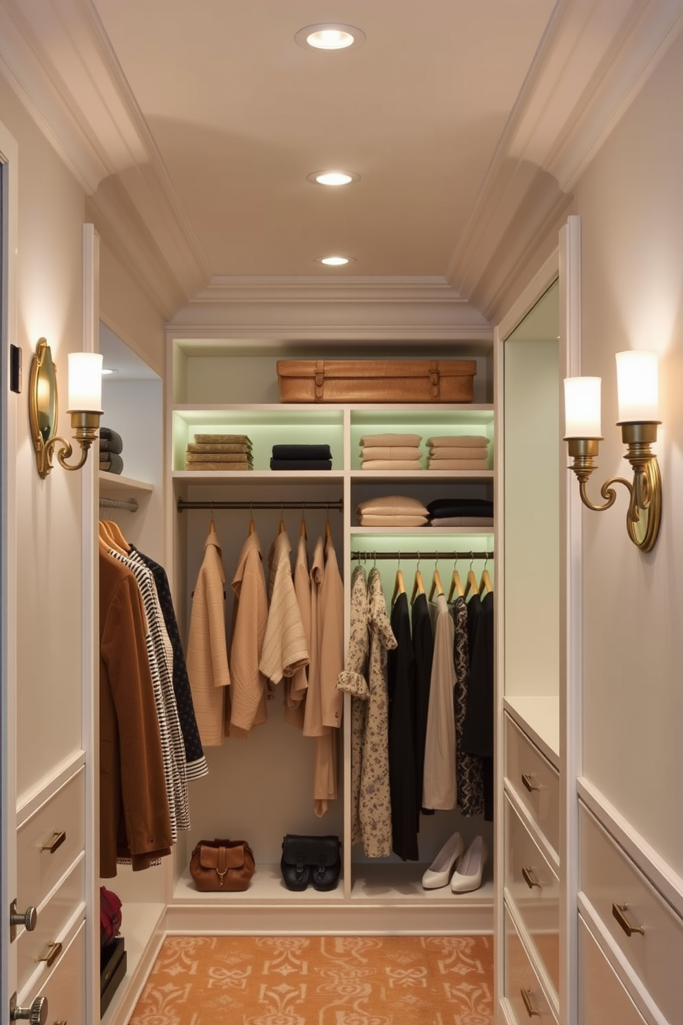 Create a luxurious walk-in closet featuring elegant wall sconces that provide stylish accents. The sconces should be positioned strategically to enhance the overall ambiance and illuminate the space effectively. Incorporate soft, warm lighting to create a welcoming atmosphere within the closet. Use a combination of recessed lights and decorative fixtures to highlight clothing displays and accessories.