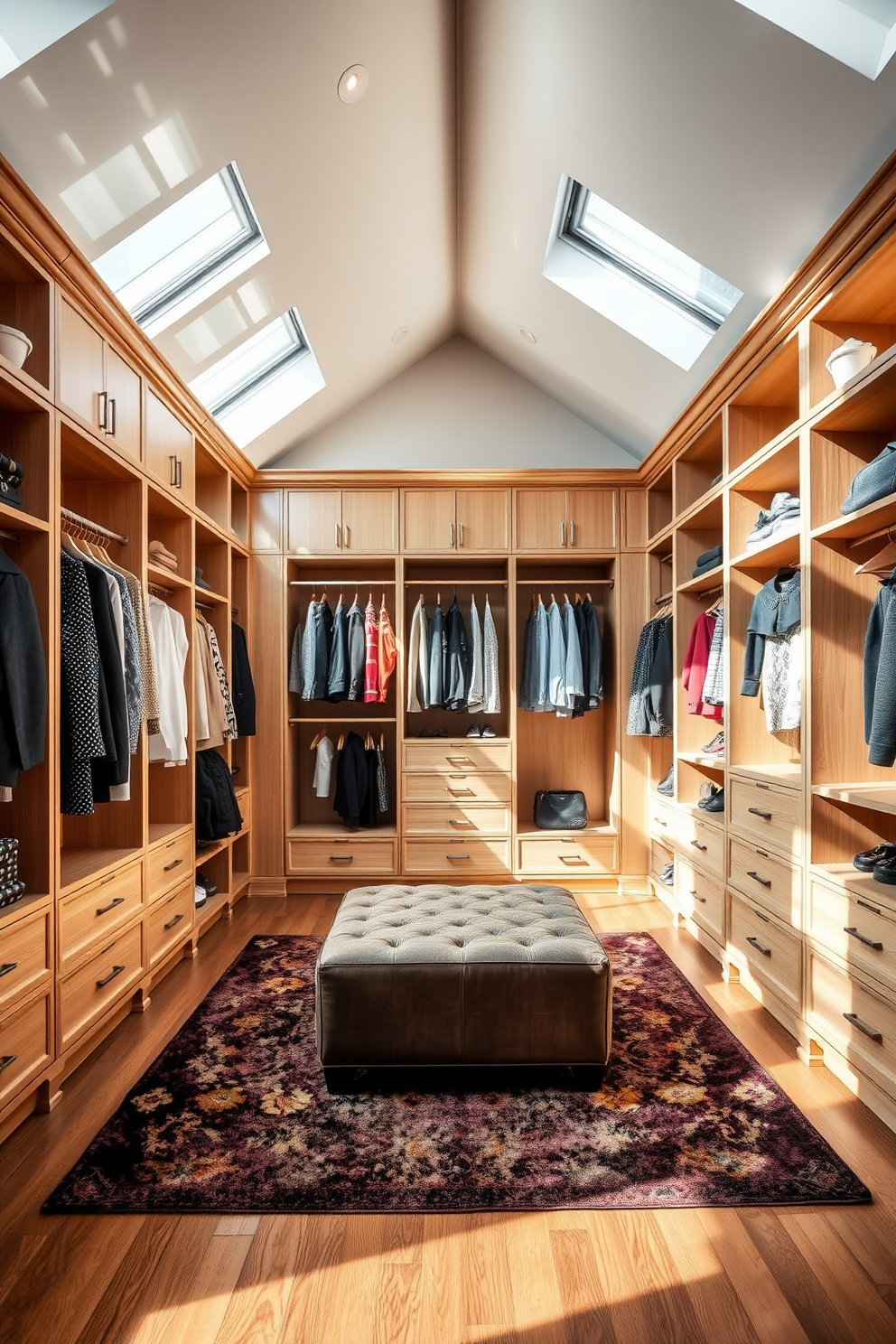 A spacious walk-in closet filled with natural light streaming through large skylights. The walls are lined with elegant shelving units made of light wood, and a plush area rug adds warmth to the space. Soft recessed lighting highlights the clothing and accessories, creating an inviting atmosphere. A stylish ottoman sits in the center, providing a comfortable spot for dressing.