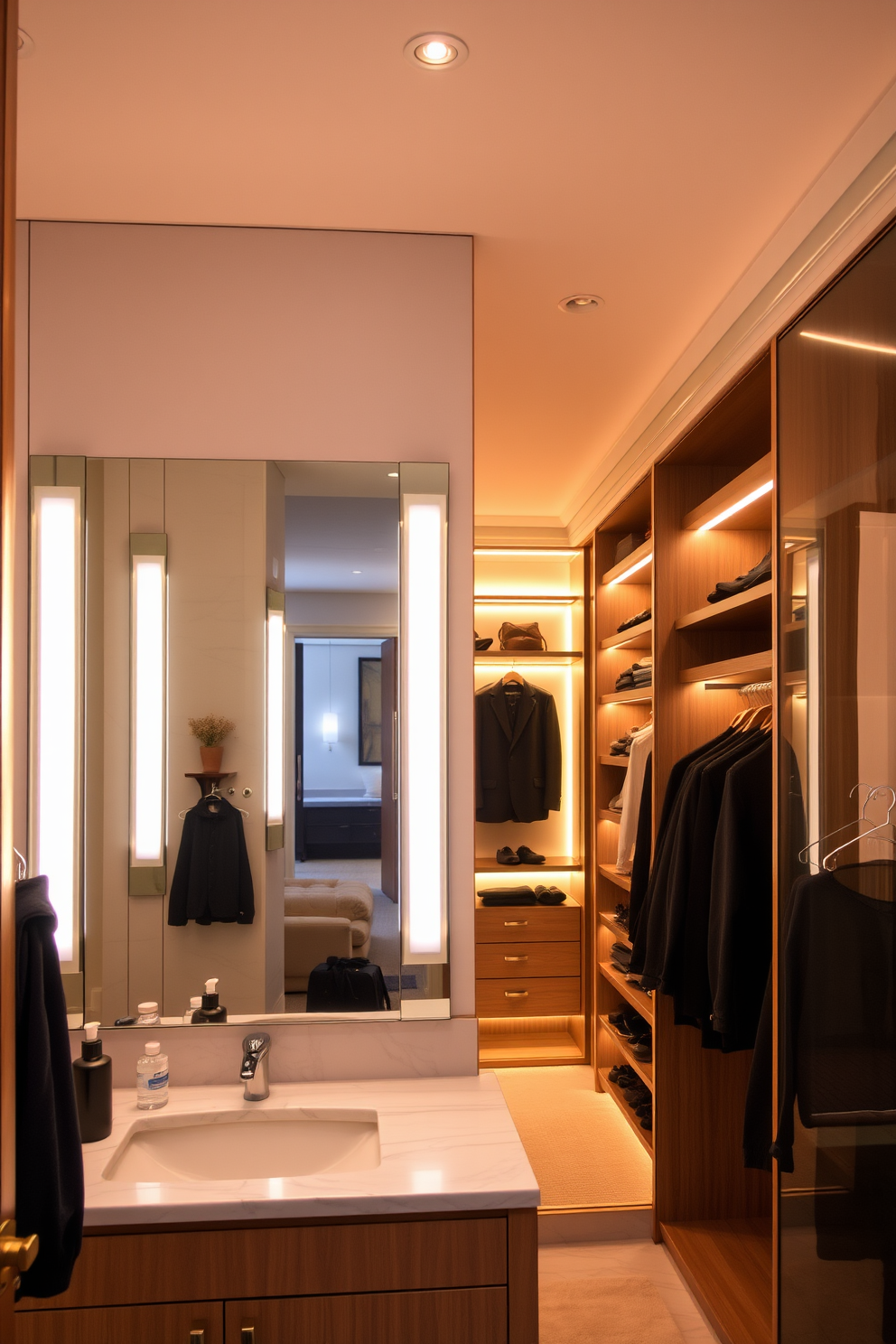 A grooming area illuminated by elegant mirror lights that enhance the space with a soft glow. The lighting is strategically placed to eliminate shadows, allowing for a flawless grooming experience. A luxurious walk-in closet featuring ambient lighting that highlights the clothing and accessories. The lights are integrated into the shelving and cabinetry, creating a warm and inviting atmosphere.