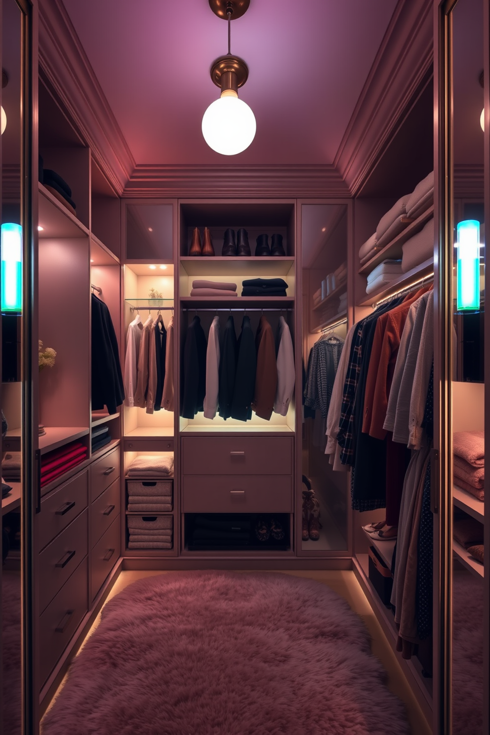 A luxurious walk-in closet with color-changing bulbs that create a customizable mood. The lighting softly illuminates the elegant shelving and hanging space, enhancing the rich textures of the fabrics displayed. The bulbs are strategically placed to highlight key areas while providing a warm ambiance. A plush area rug adds comfort underfoot, complementing the stylish design of the closet.