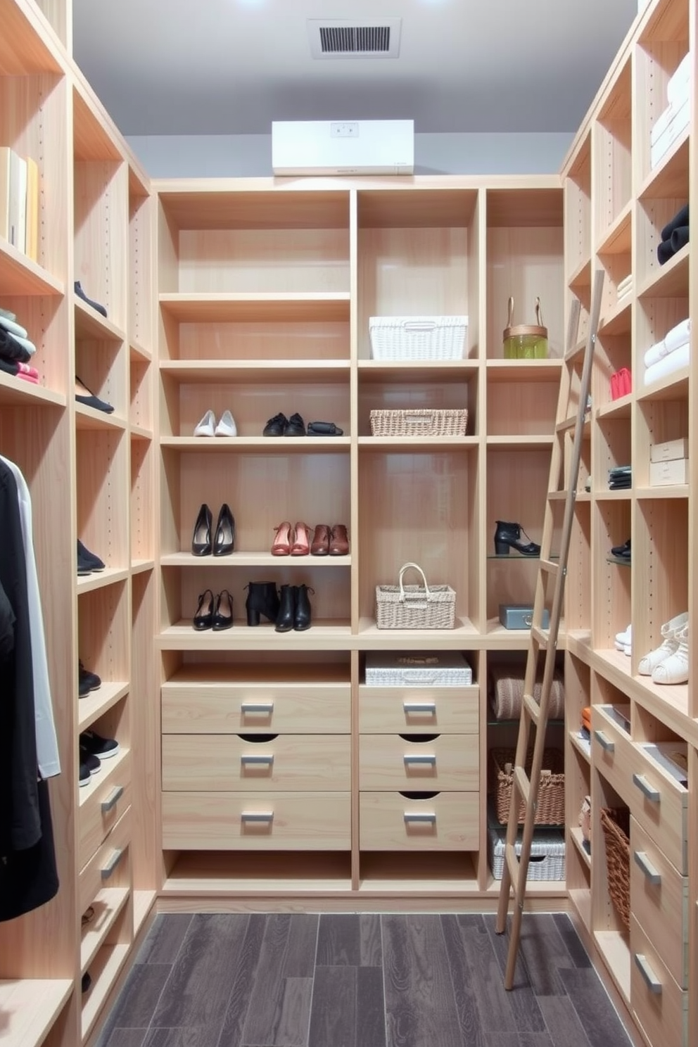 Maximize vertical space with shelves in a walk-in closet. Utilize floor-to-ceiling shelving units made of light wood to create an airy feel and showcase your collection of shoes and accessories. Incorporate pull-out drawers and baskets for efficient organization. Add a stylish ladder for easy access to higher shelves, enhancing both functionality and aesthetics.