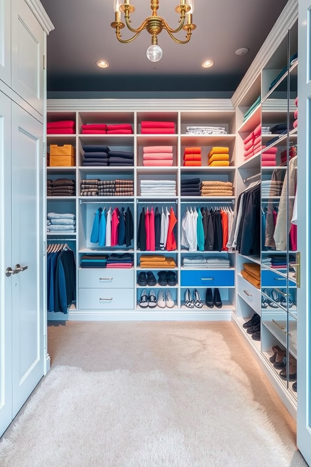 A spacious walk-in closet featuring a color-coded wardrobe system. Shelves are neatly organized with coordinated clothing items arranged by color, creating a visually appealing display. The floor is covered with a soft, plush carpet in a neutral tone. Elegant lighting fixtures illuminate the space, highlighting the organized sections and adding a touch of sophistication.