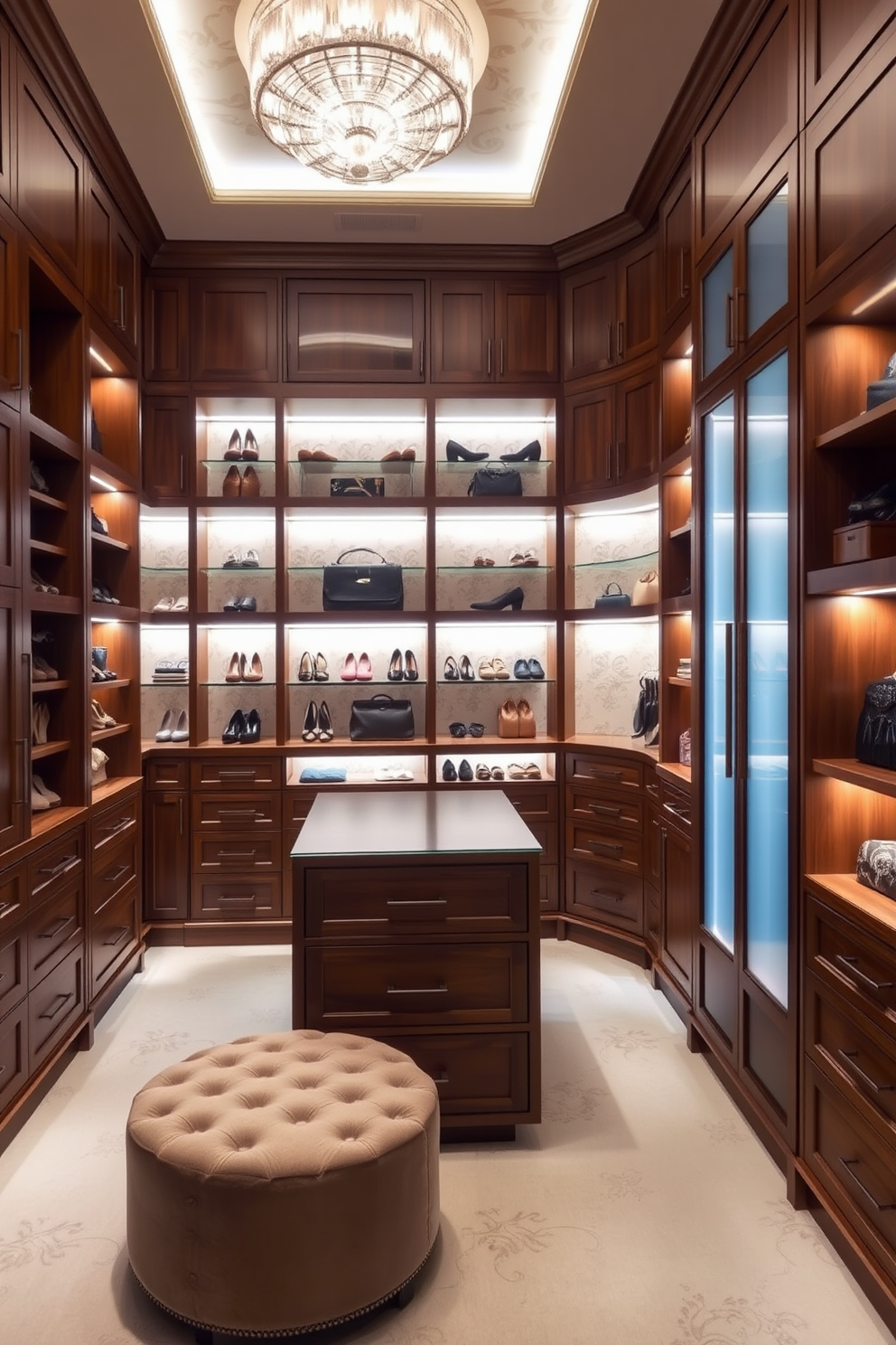 A luxurious walk-in closet featuring designated zones for different clothing types. The left side is dedicated to formal wear with elegant hanging space and tailored suits neatly arranged. To the right, casual clothing is organized on open shelves and cubbies for easy access. A central island with drawers holds accessories, while a full-length mirror reflects the sophisticated ambiance of the space.