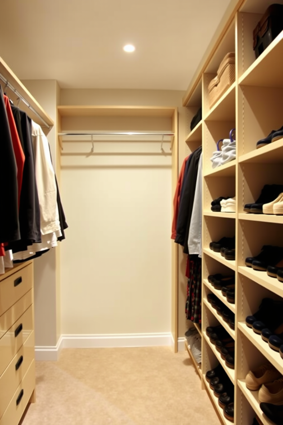 A spacious walk-in closet featuring custom shelving and hanging rods for optimal organization. Hooks for bags and scarves are elegantly mounted on the side walls, providing easy access and a stylish display.