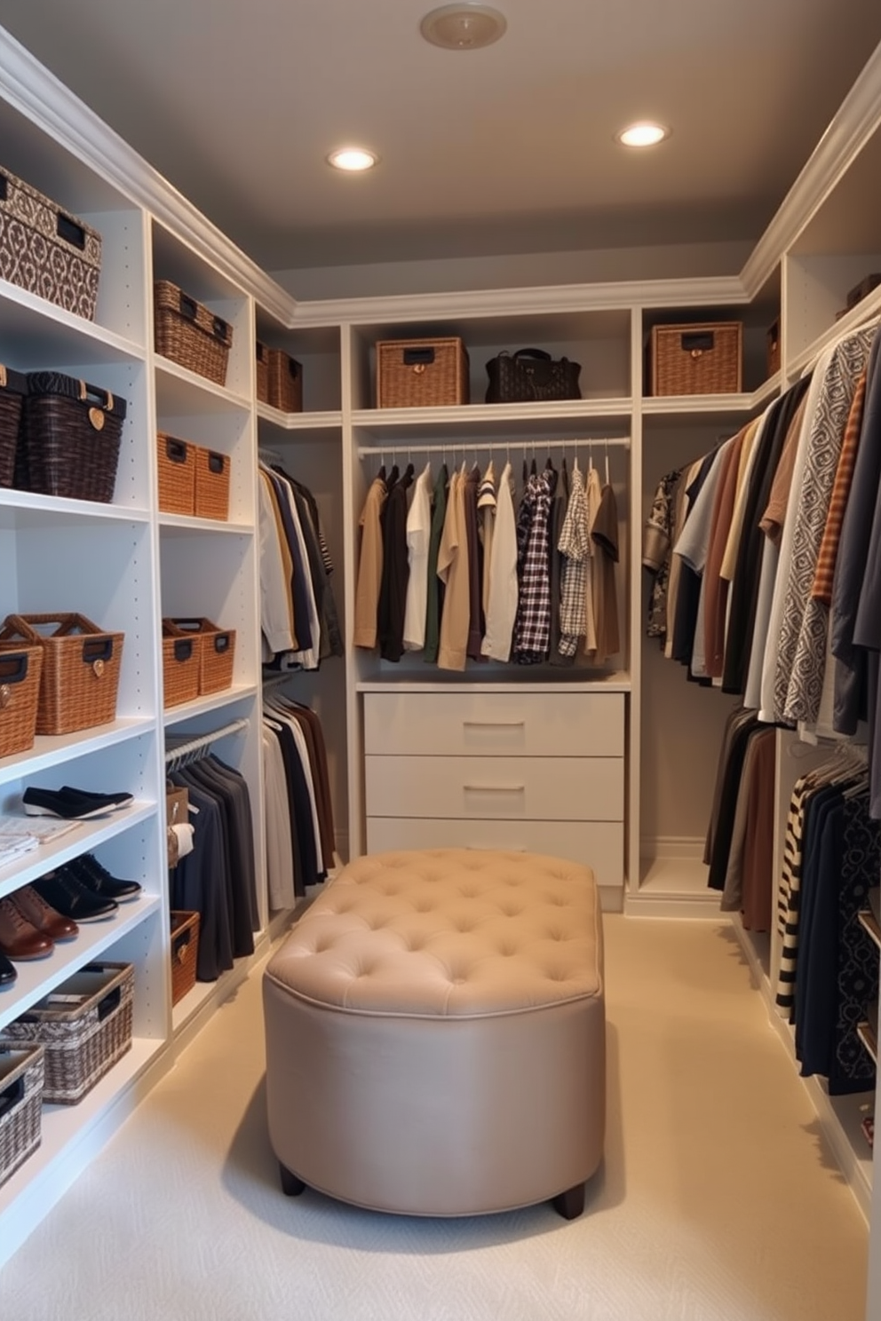 A spacious walk-in closet designed for optimal organization. Decorative baskets are neatly arranged on shelves, providing stylish storage for accessories and shoes. Hanging rods are filled with coordinated clothing, while a plush ottoman sits in the center for comfort. Soft lighting illuminates the space, enhancing the elegant ambiance and making it inviting.