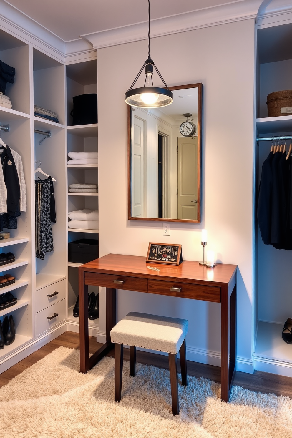 A stylish walk-in closet featuring a pegboard for jewelry display is designed with elegance and functionality. The pegboard is mounted on the wall, adorned with various hooks and small shelves to showcase necklaces, earrings, and bracelets in an organized manner. The closet is spacious with built-in shelving and drawers for clothing and accessories. Soft lighting illuminates the area, creating a warm atmosphere that enhances the beauty of the displayed jewelry.