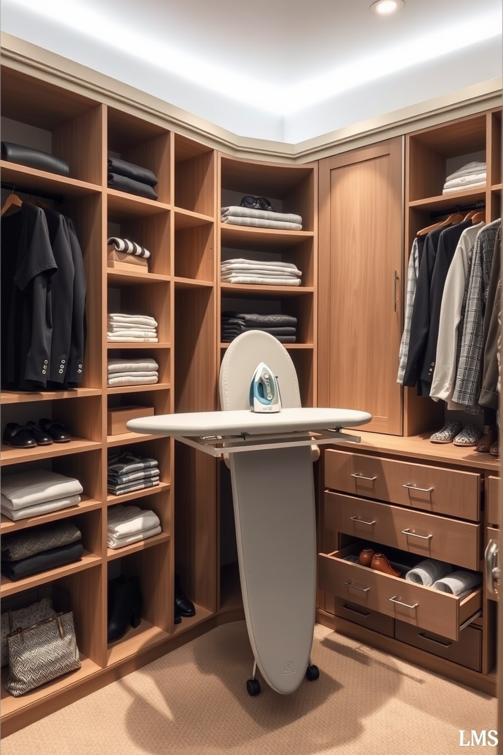 A stylish walk-in closet featuring a fold-out ironing board integrated into the cabinetry. The space is organized with custom shelving and drawers, showcasing neatly folded clothes and accessories for an efficient and elegant storage solution.