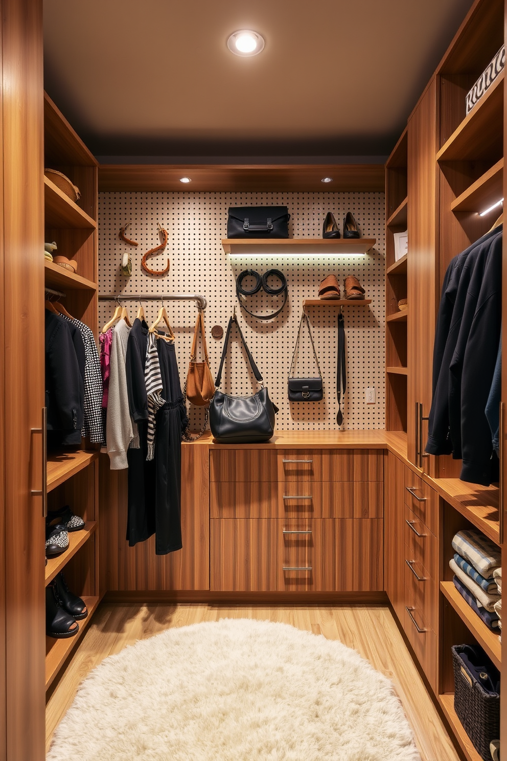 A stylish walk-in closet features a pegboard wall that allows for versatile storage options. The pegboard is adorned with hooks and shelves, providing space for accessories, bags, and shoes. Soft ambient lighting illuminates the area, enhancing the natural wood tones of the cabinetry. A plush area rug adds warmth underfoot, creating an inviting atmosphere for selecting outfits.