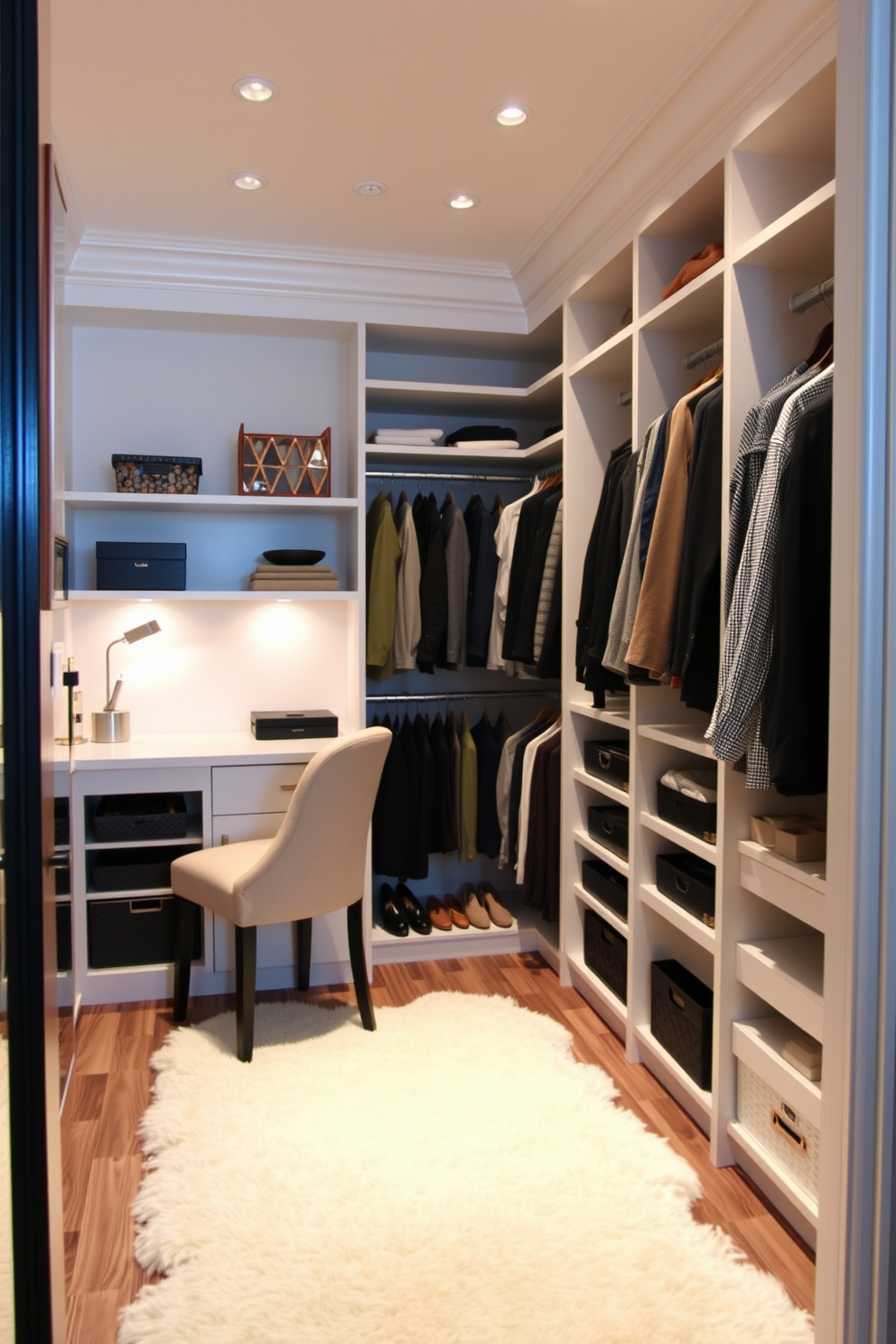 A spacious walk-in closet features high shelves filled with neatly organized shoes and bags. A stylish ladder leans against the shelves, providing easy access to the upper storage areas. The closet is designed with a combination of open and closed storage, showcasing elegant clothing displays. Soft lighting highlights the organized sections, creating a luxurious and inviting atmosphere.