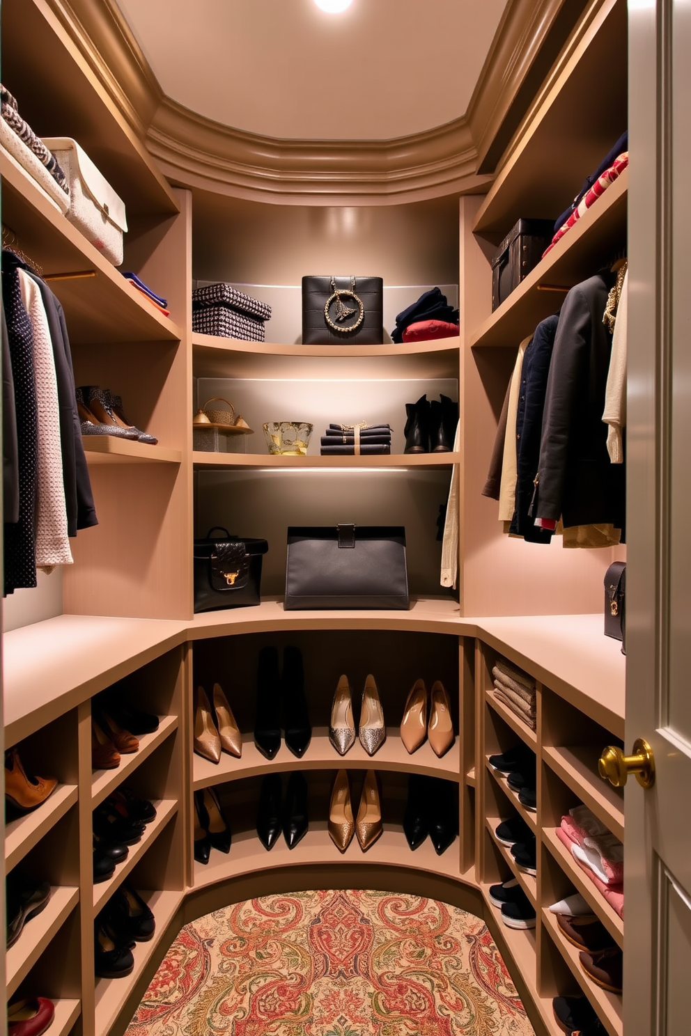 A beautifully organized walk-in closet features custom shelving and under-shelf lighting that highlights the carefully arranged accessories. The space is designed with a blend of open and closed storage, showcasing elegant shoe displays and neatly folded garments.