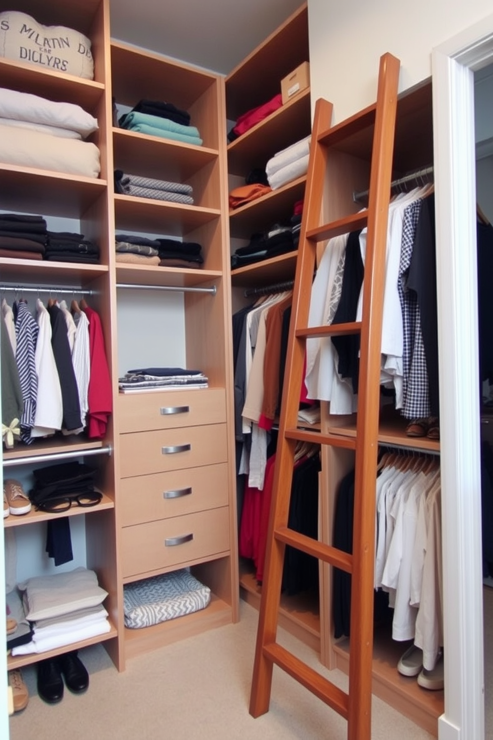 A spacious walk-in closet featuring a stylish wooden ladder leaning against the wall for high storage access. The closet is organized with a combination of open shelving and hanging rods, displaying an array of neatly arranged clothing and accessories.