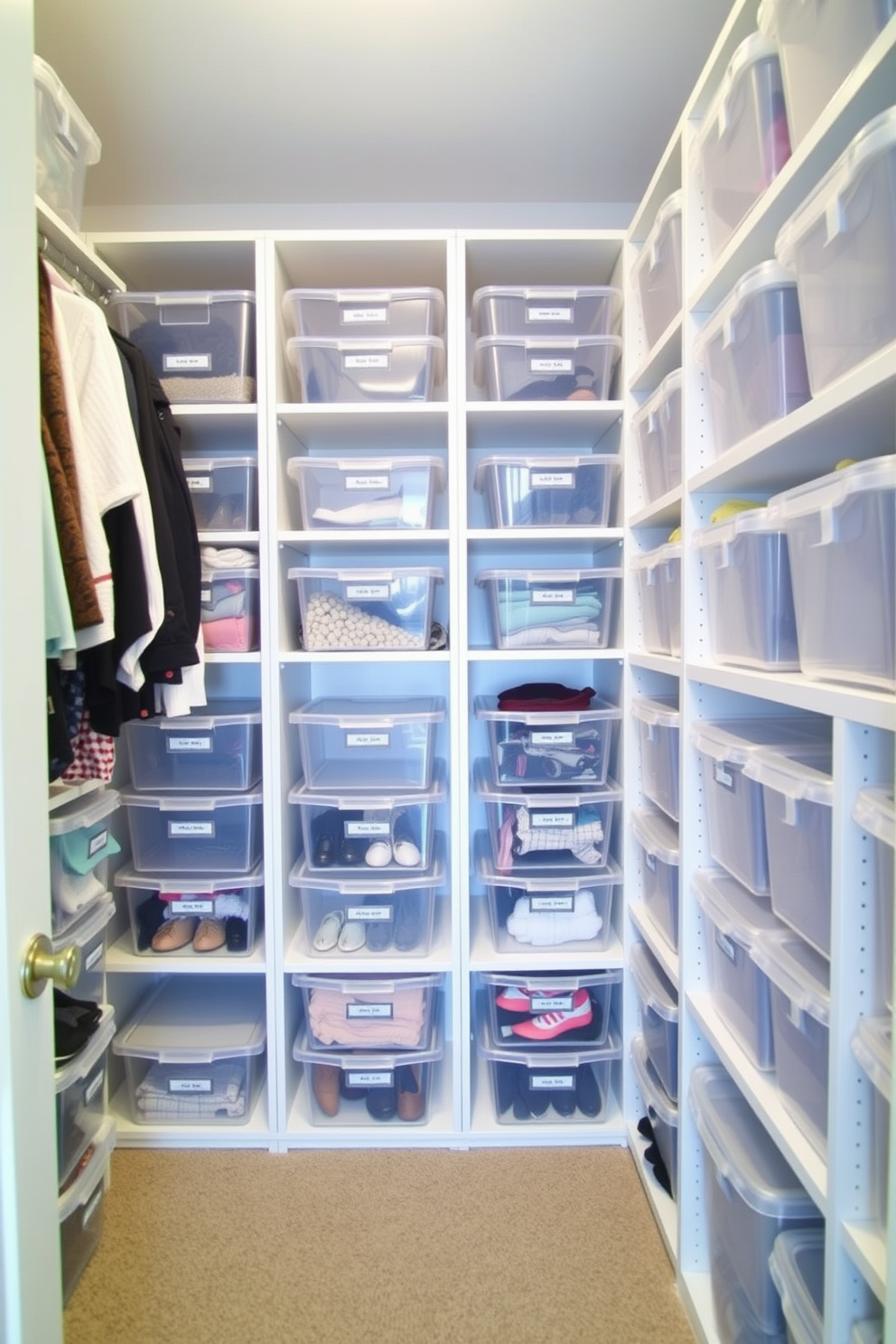 A spacious walk-in closet featuring clear storage bins arranged on open shelving for easy visibility and accessibility. The bins are labeled and organized by category, ensuring a tidy and efficient space for clothing and accessories.