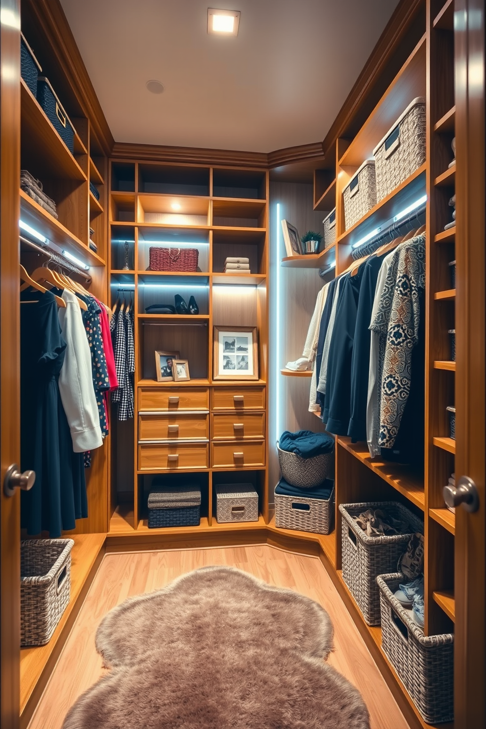 A stylish walk-in closet featuring a fold-out ironing board seamlessly integrated into the design. The closet includes custom shelving and drawers for optimal organization, with hanging space for clothes and accessories.