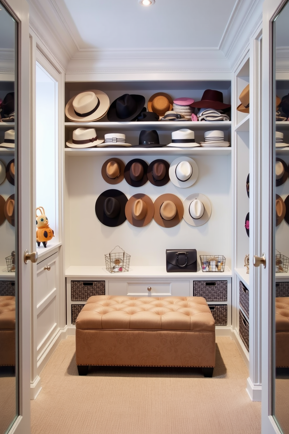 A stylish walk-in closet area designed specifically for hats features elegant shelving that showcases a variety of headwear. The walls are painted in a soft neutral tone, and a plush ottoman sits in the center for easy access to the hats displayed above. Incorporate hooks and decorative bins to keep the closet organized while adding a personal touch. Soft lighting enhances the display, creating an inviting atmosphere for selecting the perfect hat.