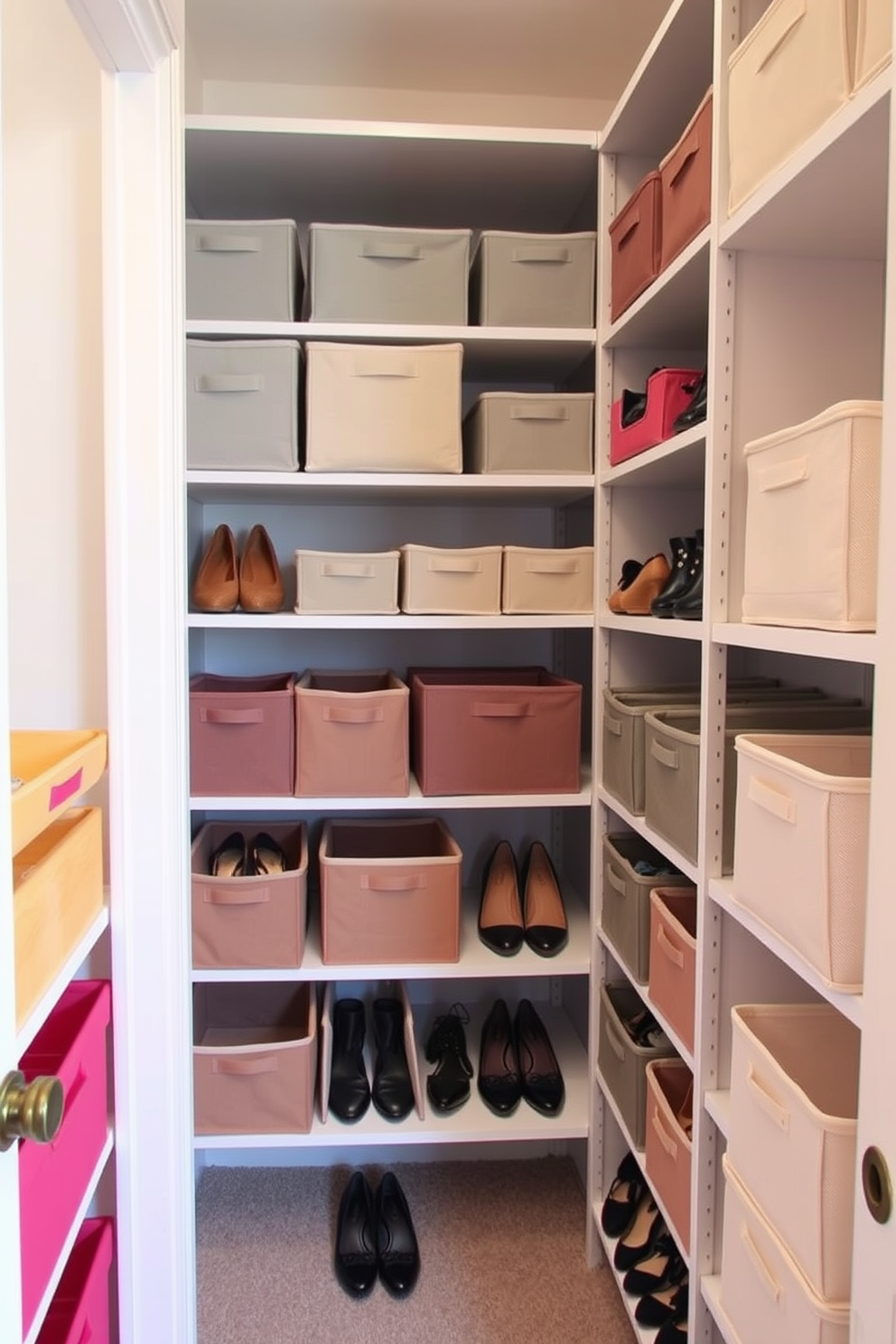 A spacious walk-in closet features fabric bins in various colors for soft storage solutions. The bins are neatly arranged on shelves, creating an organized and visually appealing space for shoes and accessories.