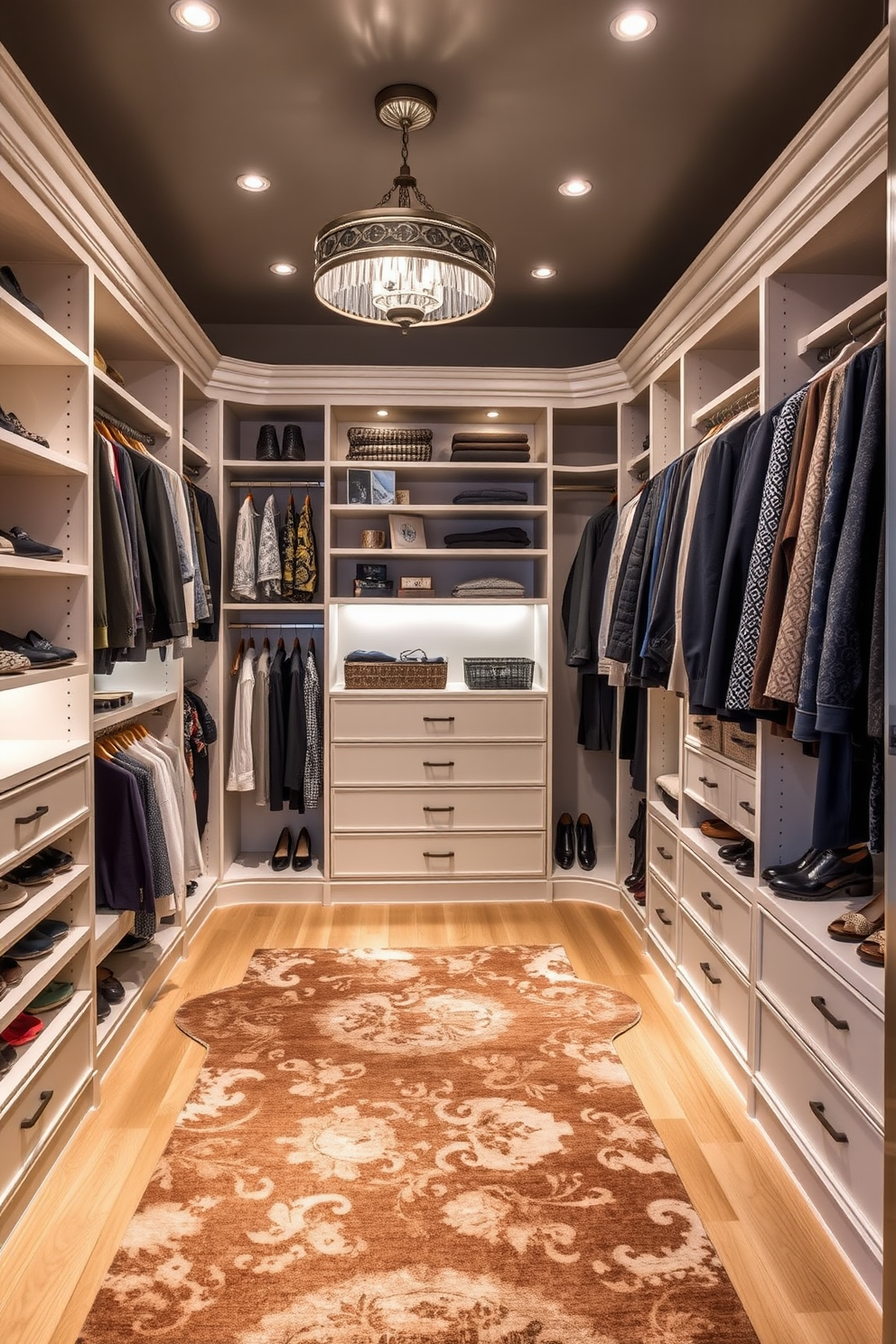 A luxurious walk-in closet featuring custom shelving and hanging space designed for optimal organization. The floor is adorned with a stylish area rug that adds warmth and texture, while elegant lighting fixtures illuminate the space, highlighting the neatly arranged shoes and accessories.