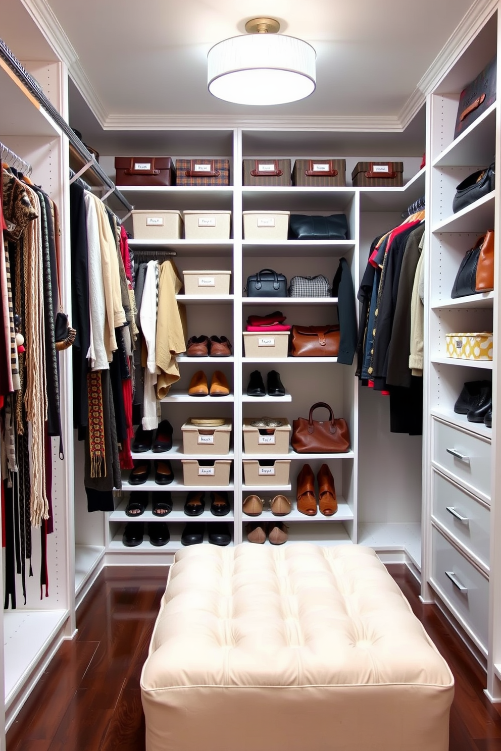 A spacious walk-in closet featuring a tension rod installed along one side to hold various accessories such as scarves and belts. The shelves are neatly organized with labeled bins for shoes and bags, while a plush ottoman sits in the center for added comfort.